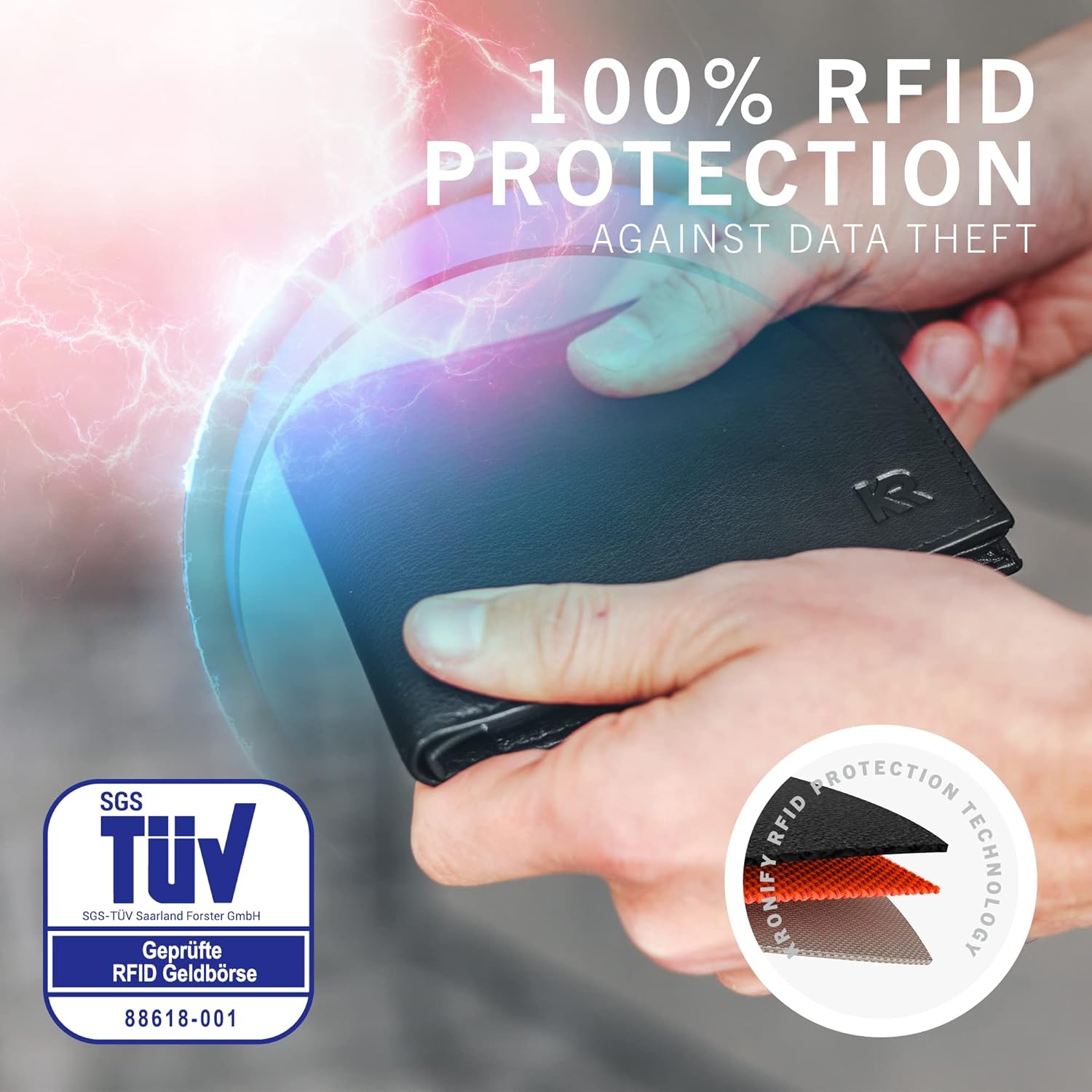 Thumbnail 2 de KRONIFY portafoglio uomo in vera pelle con protezione RFID/NFC, formato orizzontale e 13 scomparti carte (nappa nera)