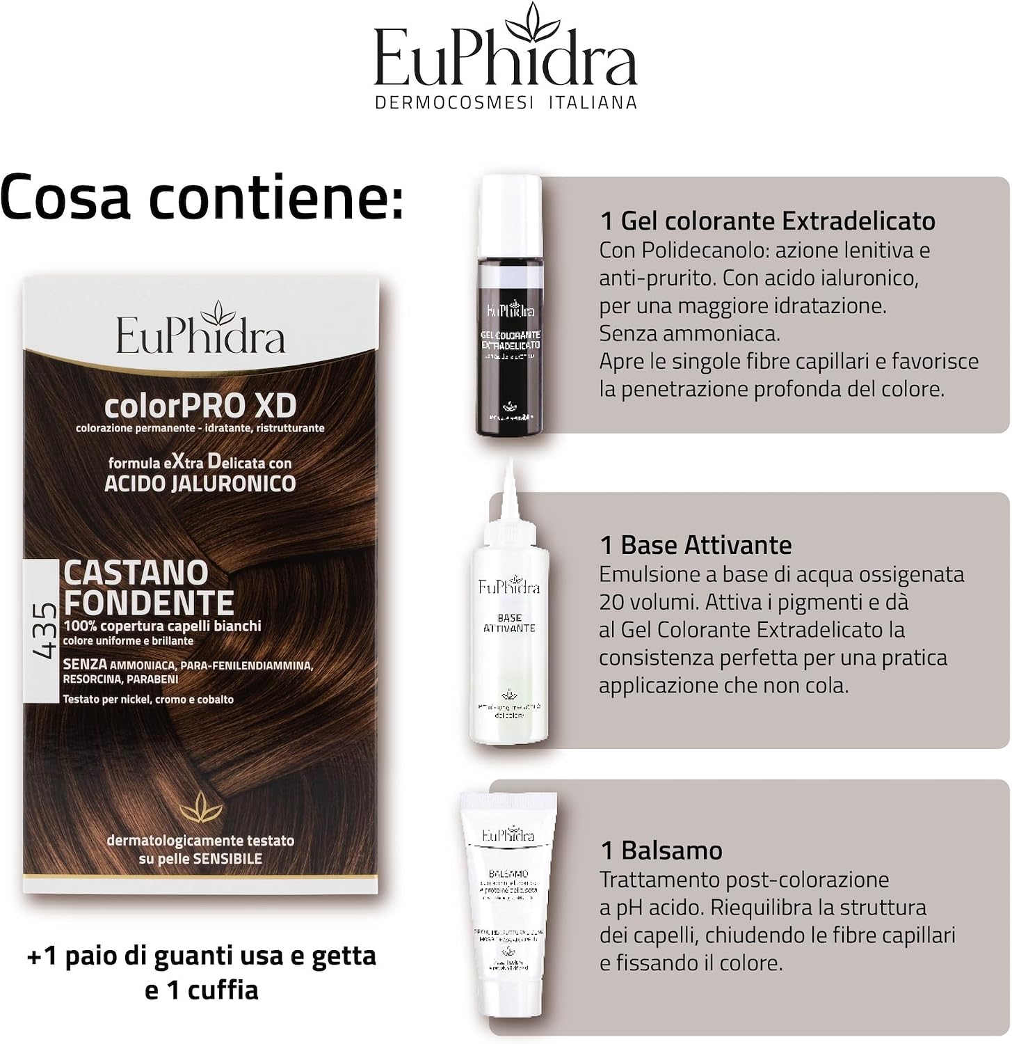 Detalle de Euphidra ColorPro XD: Kit colorazione castano fondente extradelicato 50 ml + base attivante 50 ml + balsamo con acido ialuronico 20 ml