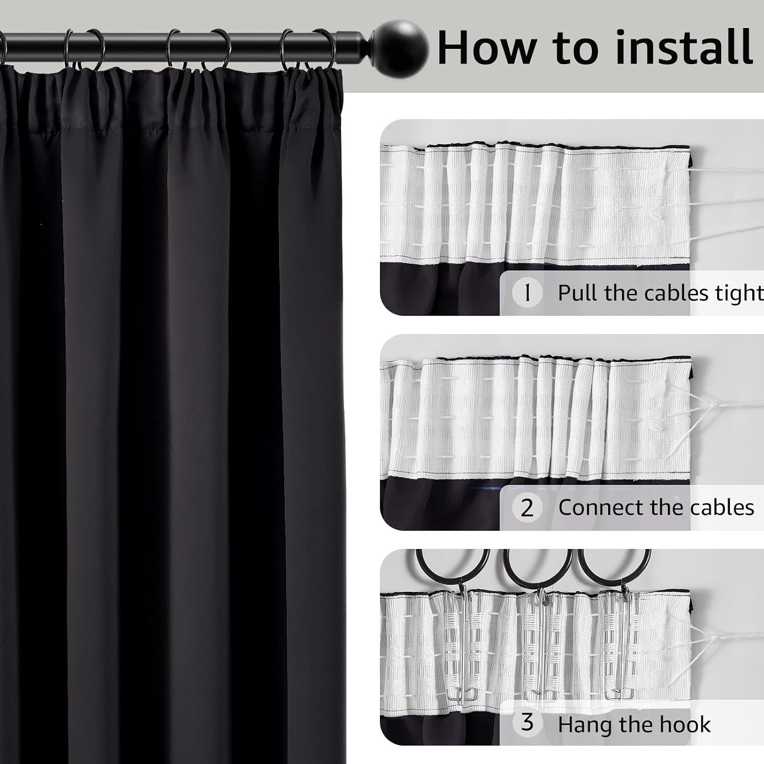 Detalle de TOPICK Blackout Thermal Curtains 90x90 — Pencil Pleat, 2 Panels, Black