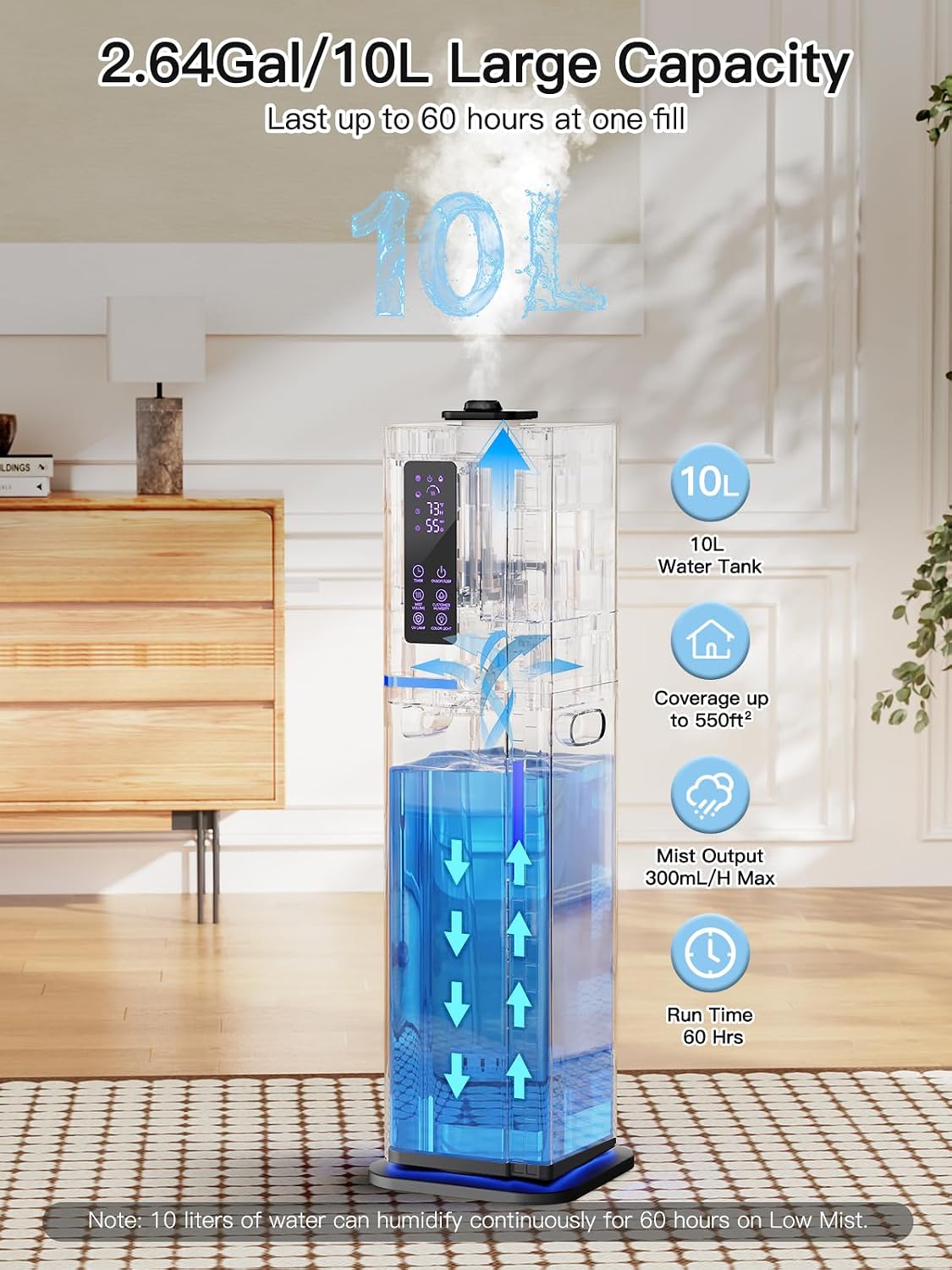 Detalle 2 de Zeova HQ-JS2325-01 Ultrasonic Cool-Mist Humidifier, 10 L, Top-Fill, 3 Mist Levels