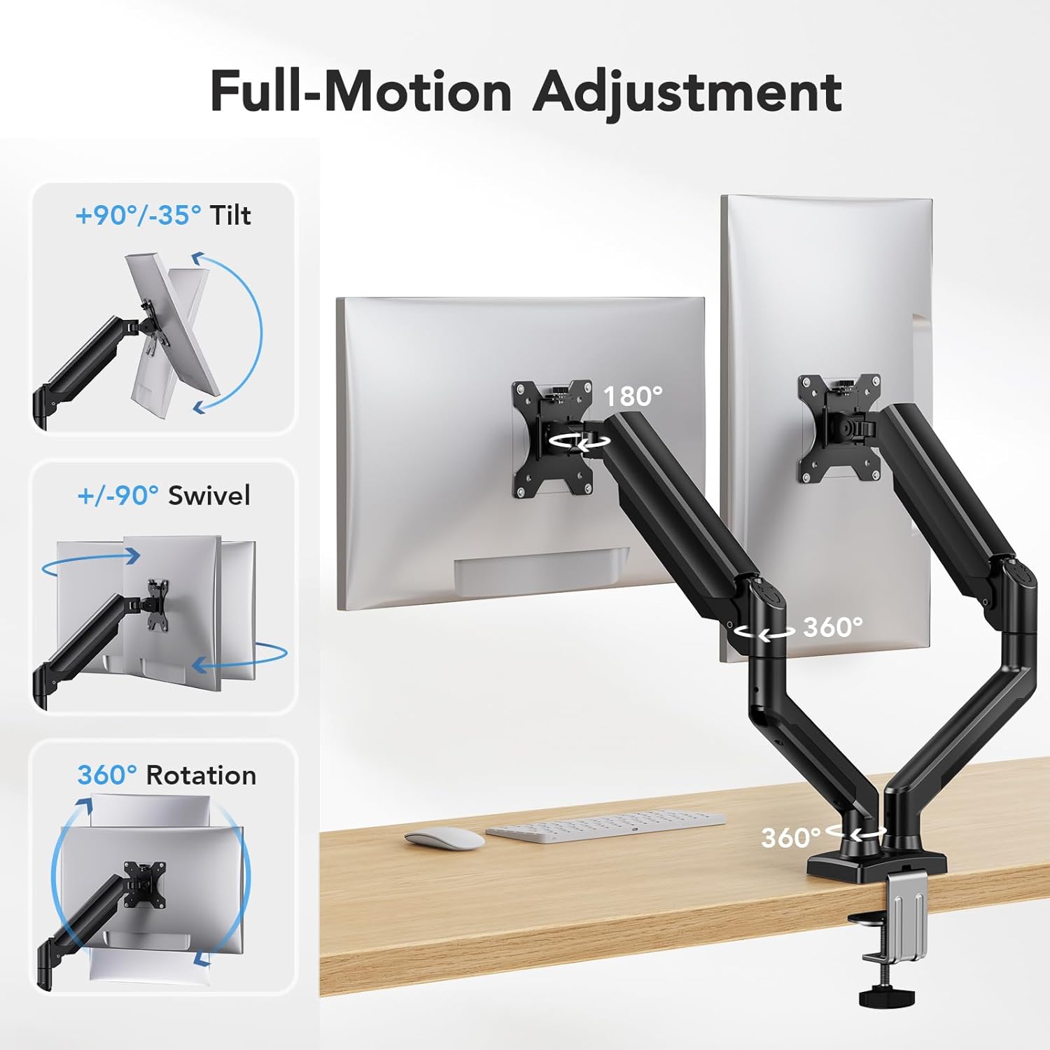 Detalle de HUANUO Dual Monitor Mount for 2 Monitors up to 32" – Height‑adjustable, 10kg per arm, VESA 75x75/100x100