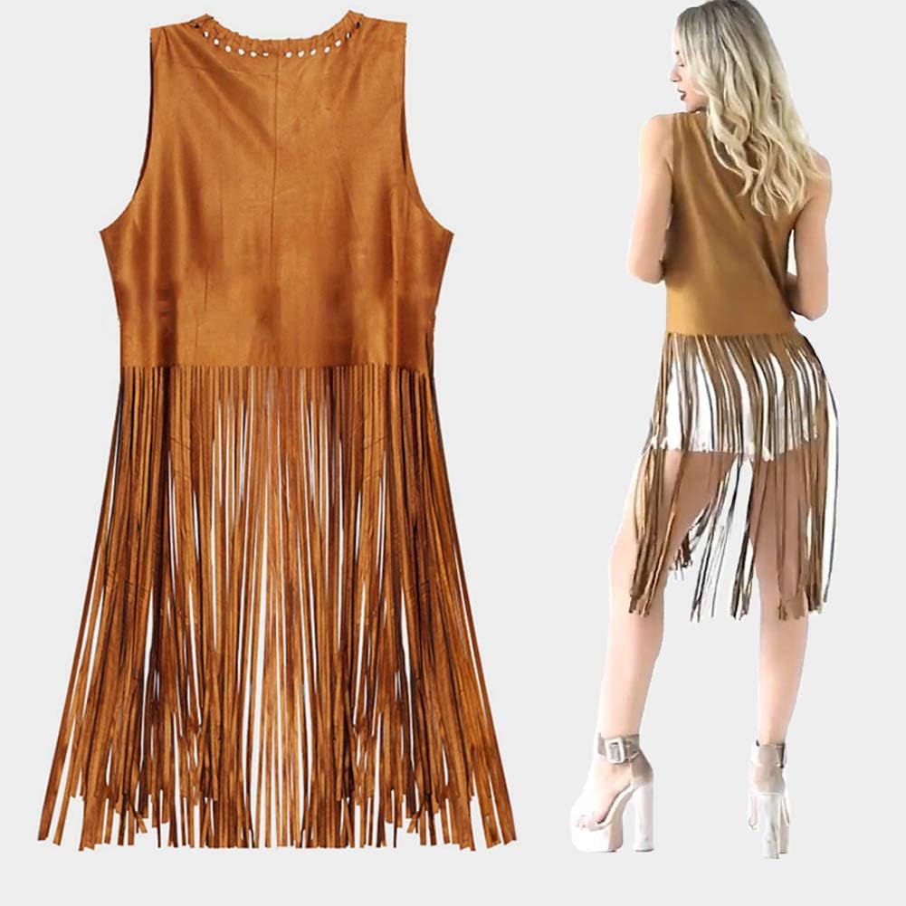 Detalle 2 de EVISWIY Brown Fringe Hippie Vest Costume Set with Faux Suede and Accessories