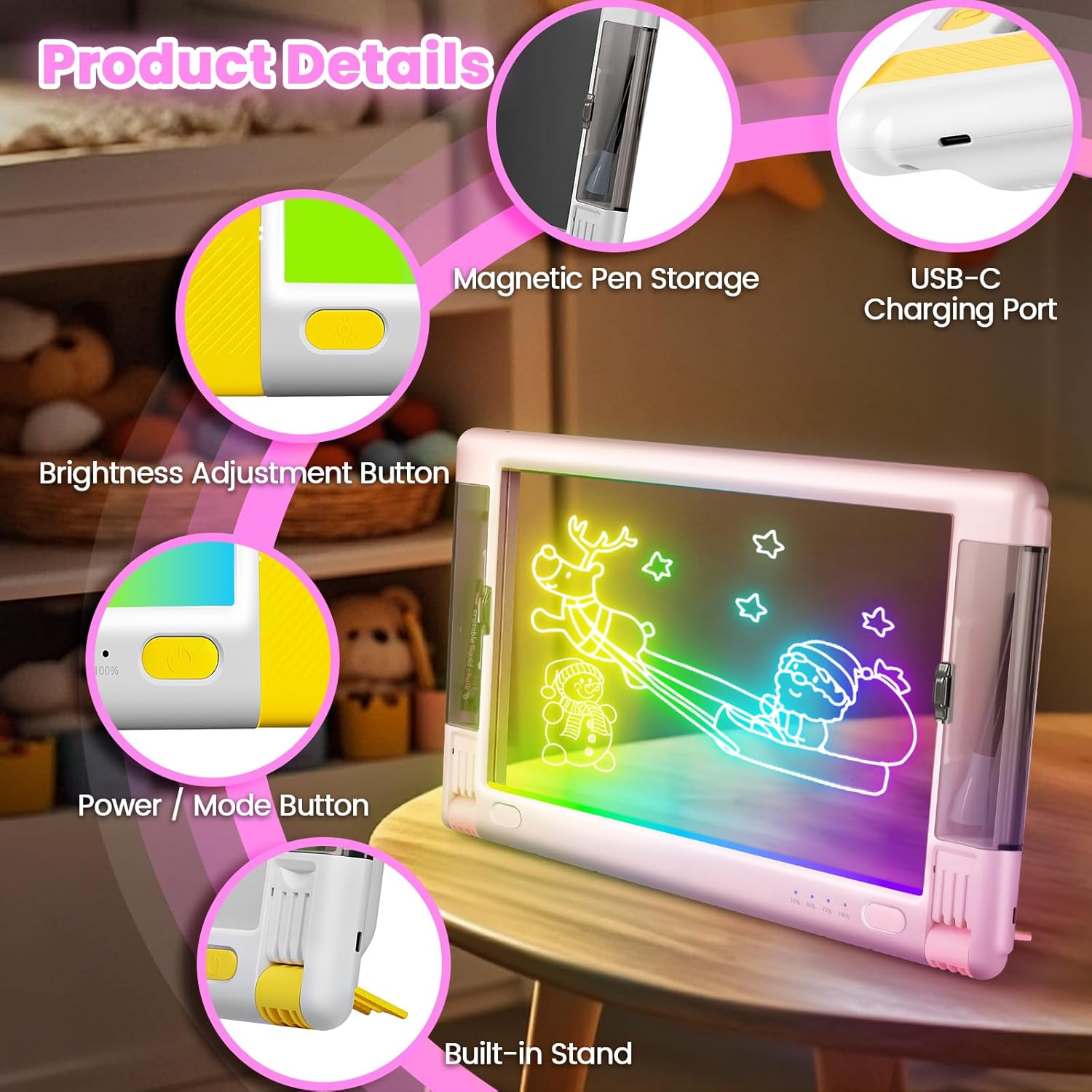 Detalle de LED Note Board with Colors – Rechargeable 9 Modes Neon Acrylic Draft Board (15 Inch) with 6 Markers & Tracing Sheets