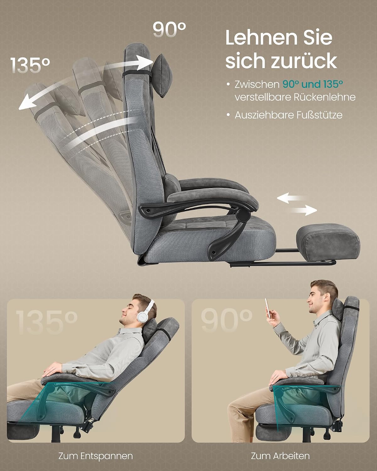 Thumbnail 6 de SONGMICS Gaming-Stuhl, Bürostuhl, Computerstuhl mit Fußstütze und ergonomischem Design (OBG077G01) – schiefergrau
