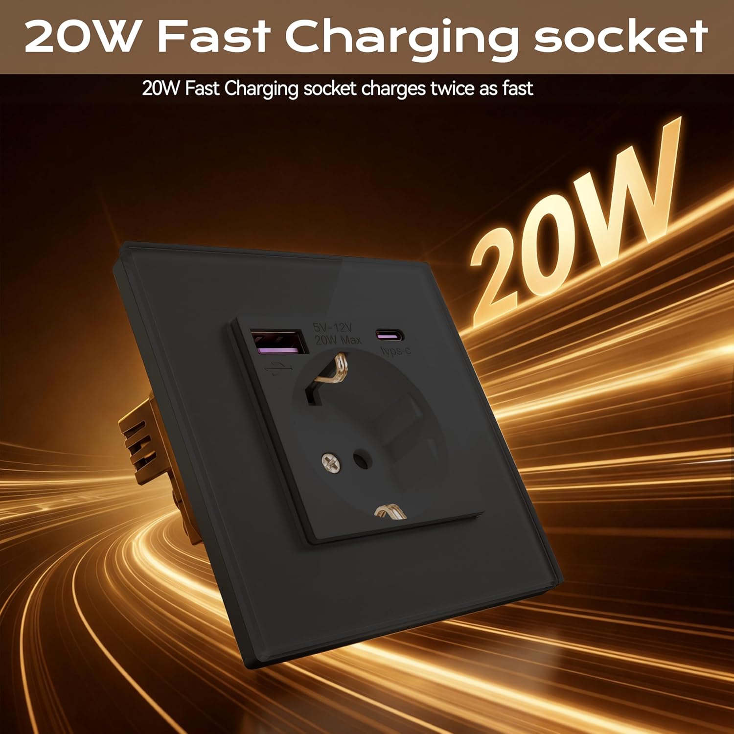 Detalle de BSEED Glas-Wandsteckdose mit 20W USB‑C – 3-in-1 Unterputz-Ladestation, 2er, Schwarz