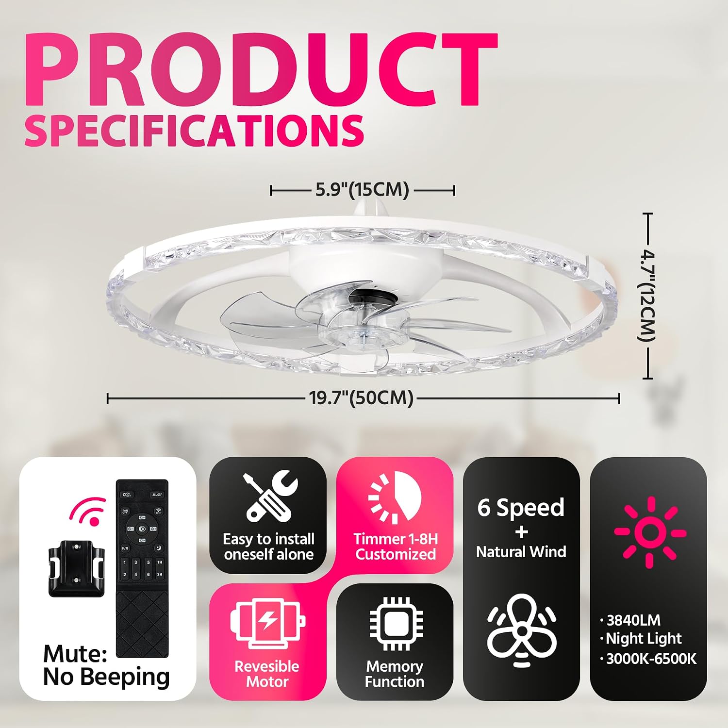 Detalle 2 de Lujeet ceiling fan with light, 19.7-inch