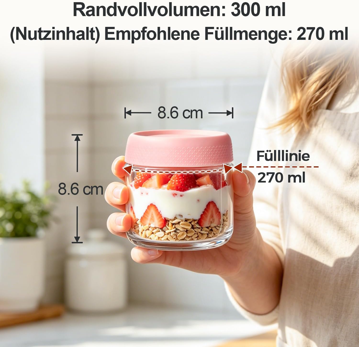 Detalle 2 de ComSaf Glass Overnight Oats Jars, 300 ml, Set of 4 with Colour-Coded Lids