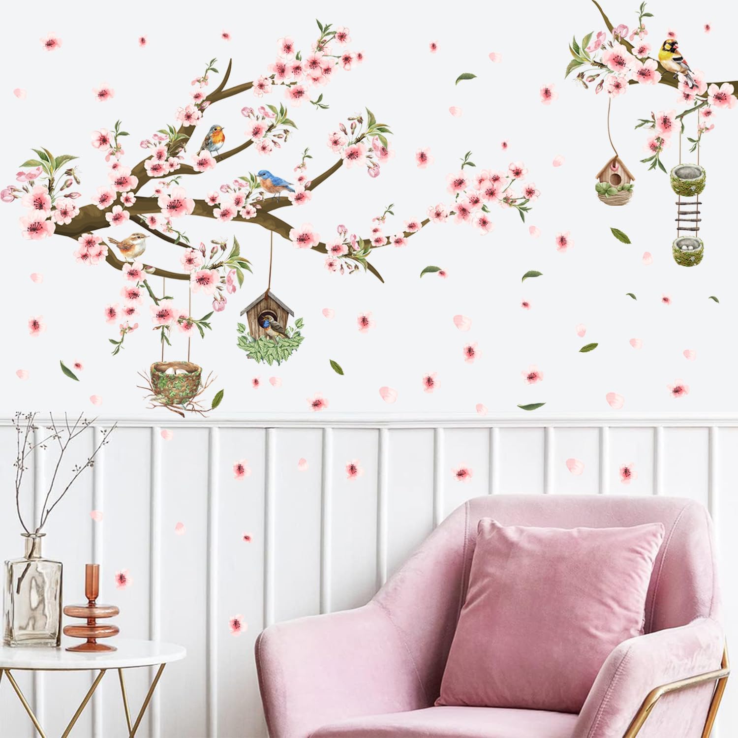 Detalle de HPNIUB Pink Flower Tree Branch Birds Wall Stickers (84 x 30cm) for Bedroom, Living Room & Office