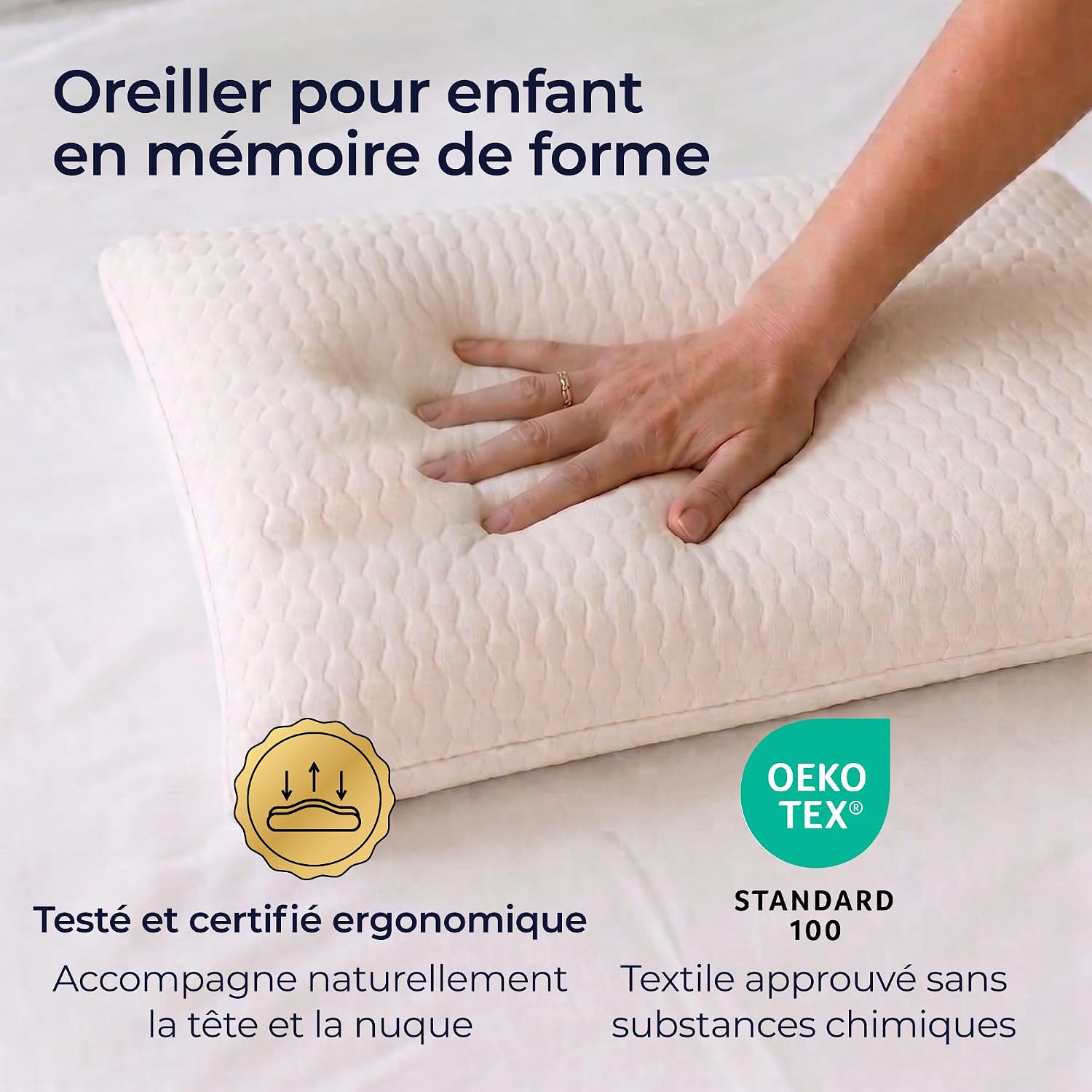 Detalle 2 de Dreamzie Oreiller Enfant Mémoire de Forme 40x60 cm (Épaisseur 6 cm) – Oeko-TEX, pour plus de 3 ans