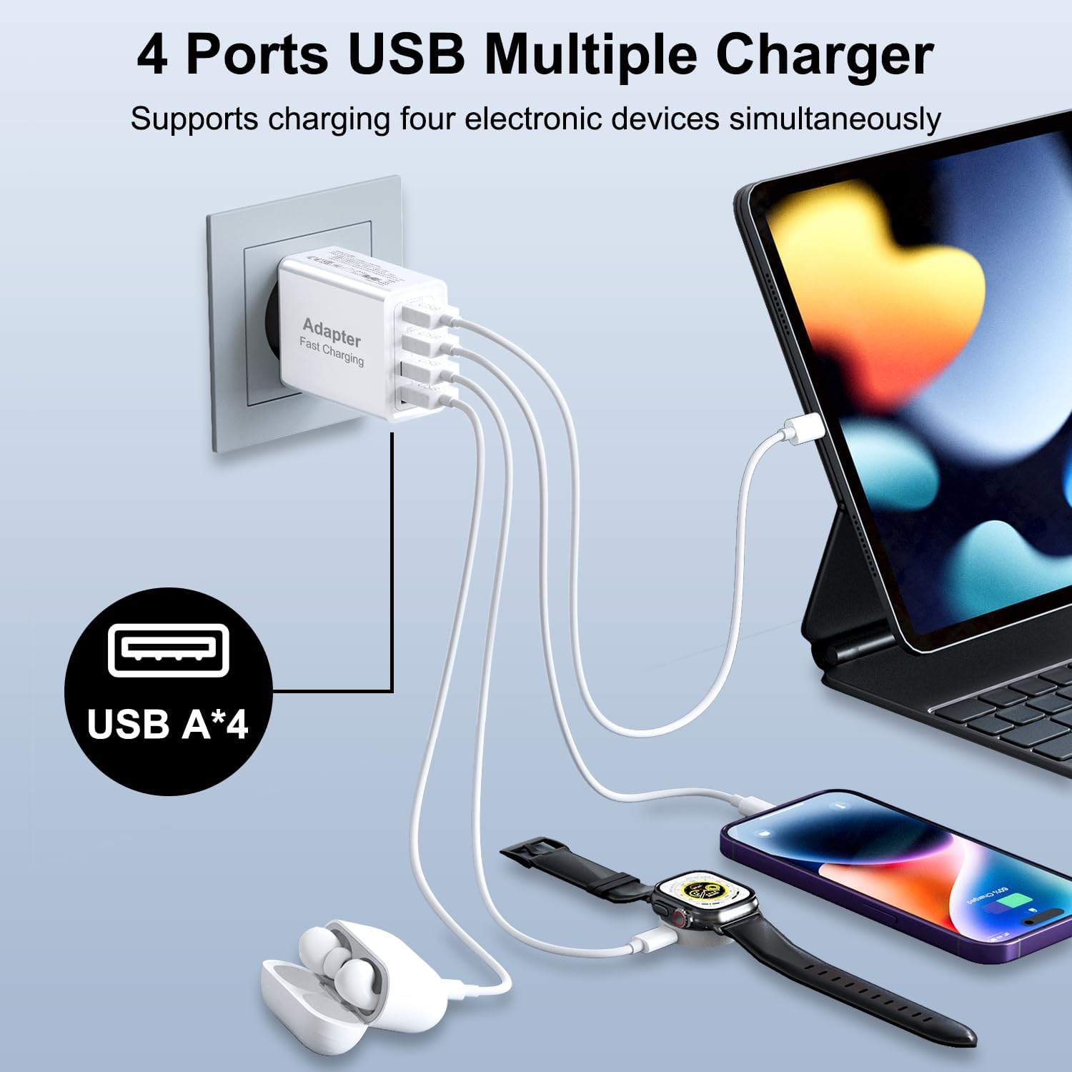Thumbnail 1 de Lot de 2 chargeurs USB muraux à 4 ports (25 W, 4x USB) – Chargeur rapide compatible Samsung, iPhone, iPad et Xiaomi