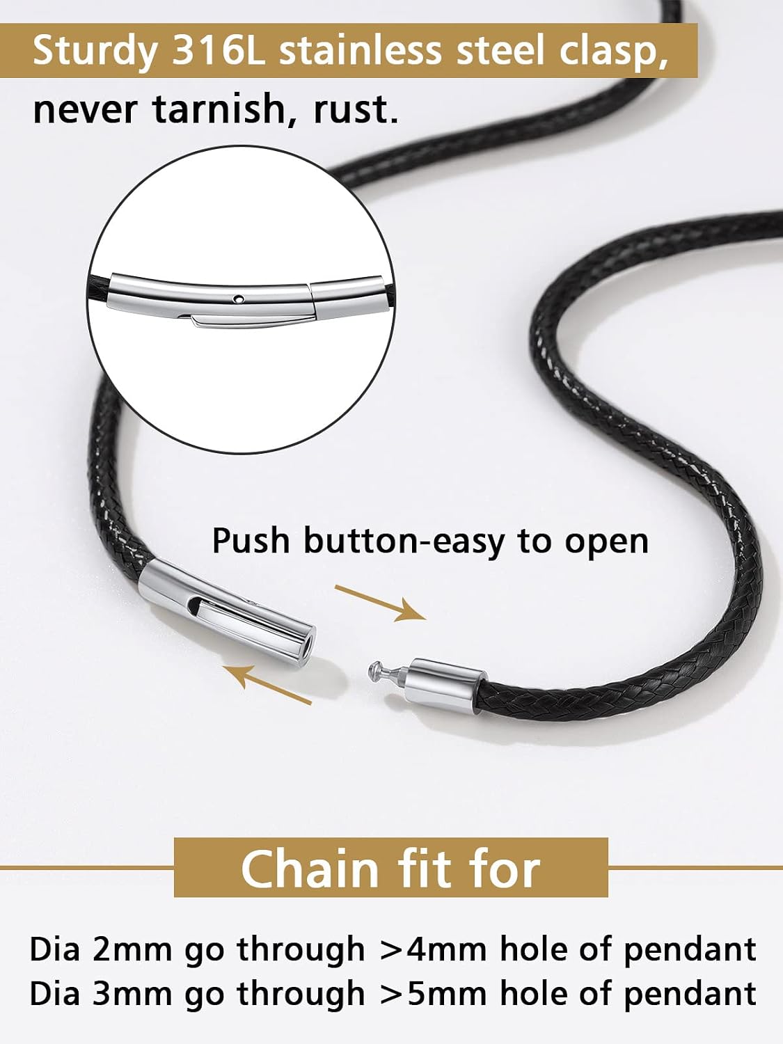 Thumbnail 1 de FindChic Lederkette 2/3 mm geflochten – Halskette aus Leder mit Edelstahlverschluss, 41–76 cm, Schwarz/Braun