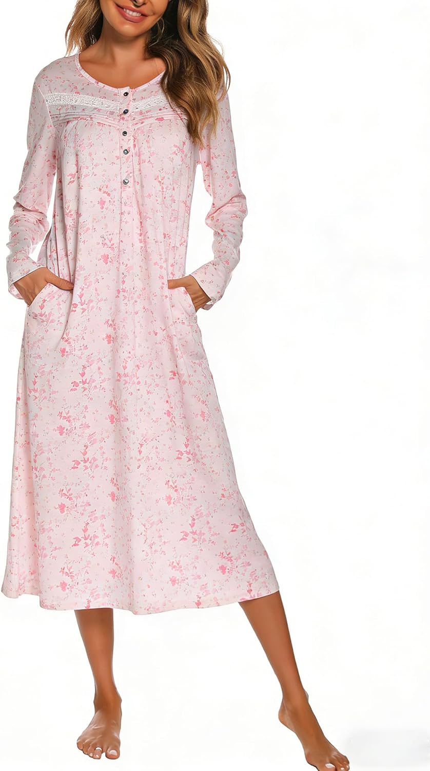 Detalle de YOZLY Long Sleeve Cotton-Blend Nightgown with Pockets and Button Placket