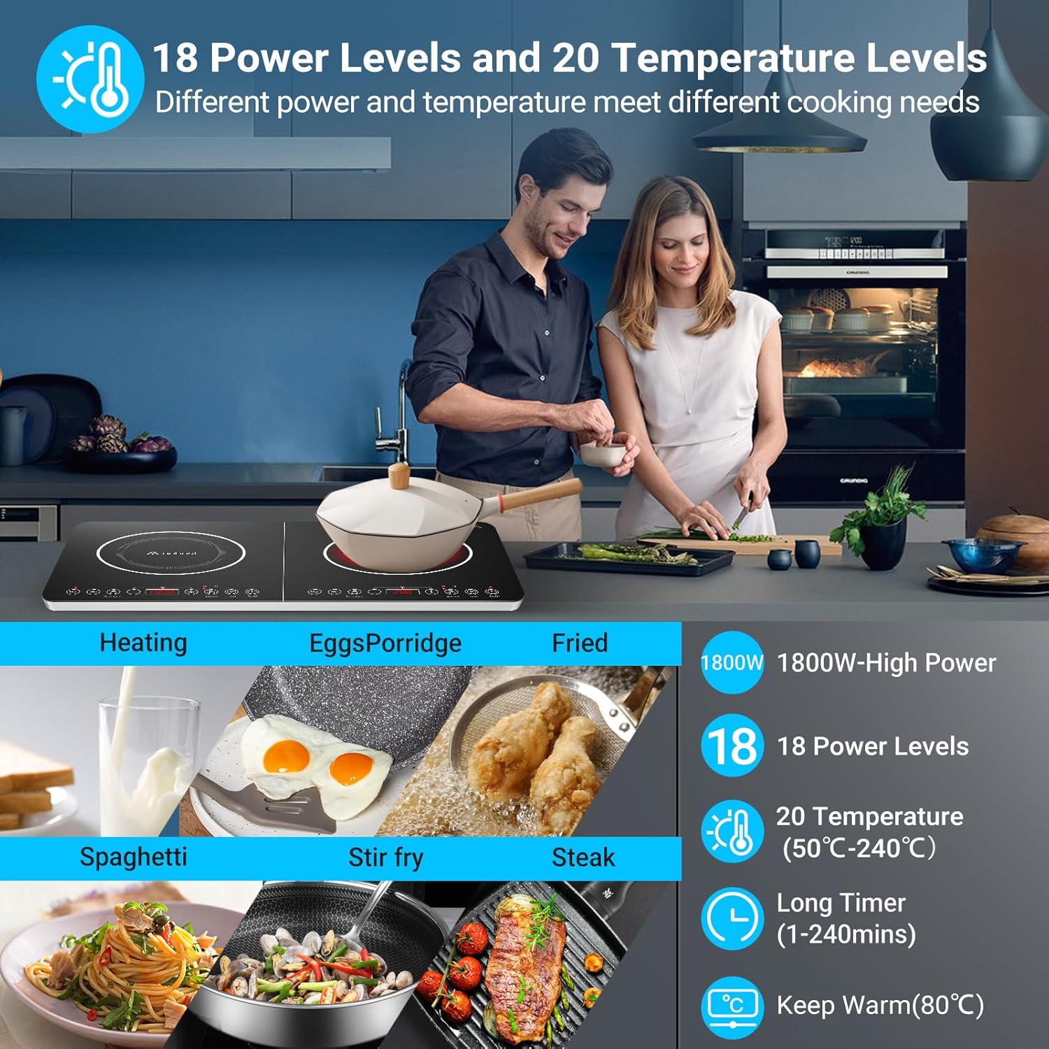 Thumbnail 2 de Aobosi Double Induction Hob with Black Glass Panel, 4-hour Timer & Safety Lock (2800W)