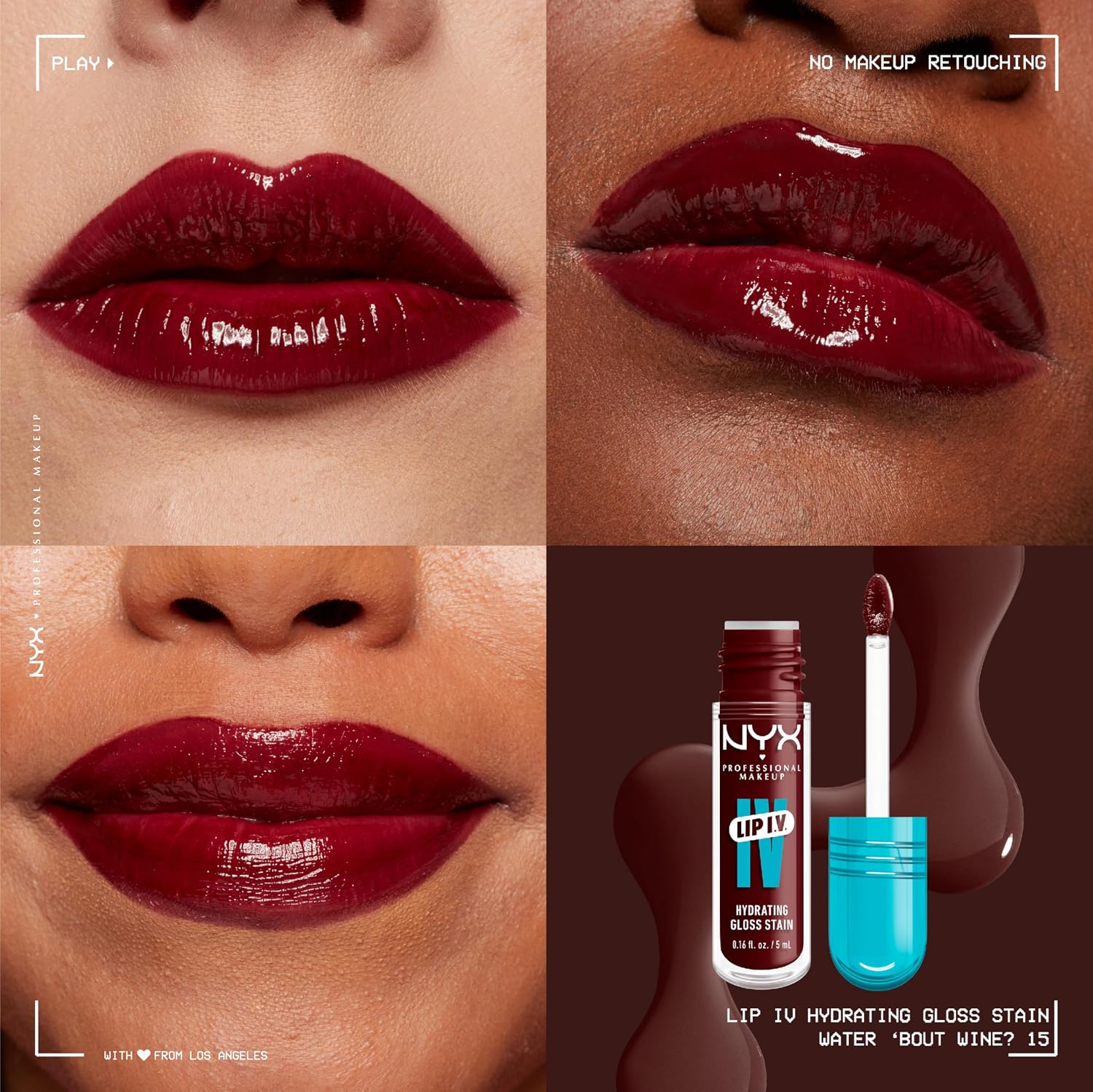 Detalle 2 de NYX Professional Makeup Lip IV Hydrating Gloss Stain „Water ’Bout Wine?“ – Lipgloss & Lip Stain 2-in-1