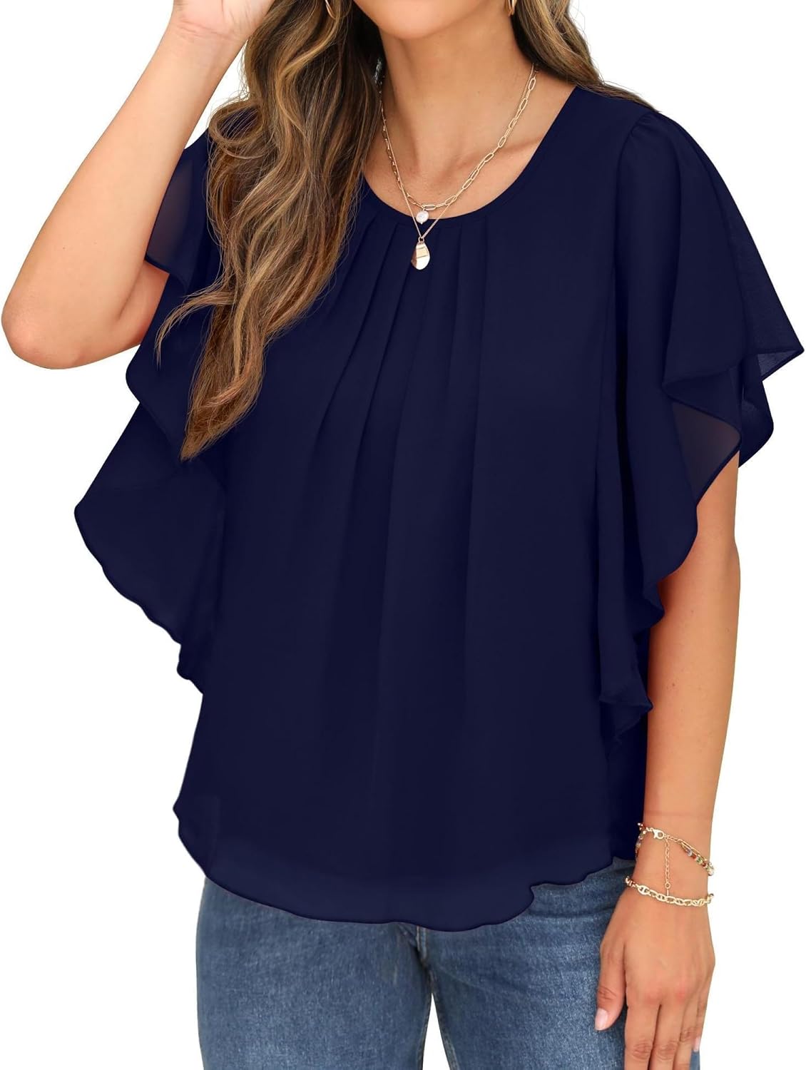 Detalle de QIXING Chiffon Kurzarmbluse Damen mit Batwing-Ärmeln – Sommertunika mit Rundhalsausschnitt