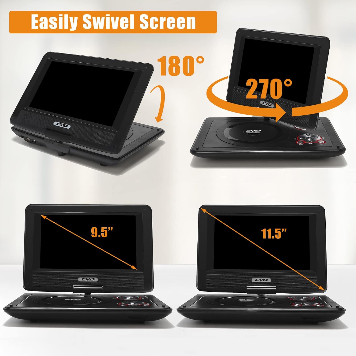 Detalle de SQQBZZ PD-9806 Portable DVD Player, 9.5-Inch Swivel Screen, 5-Hour Battery