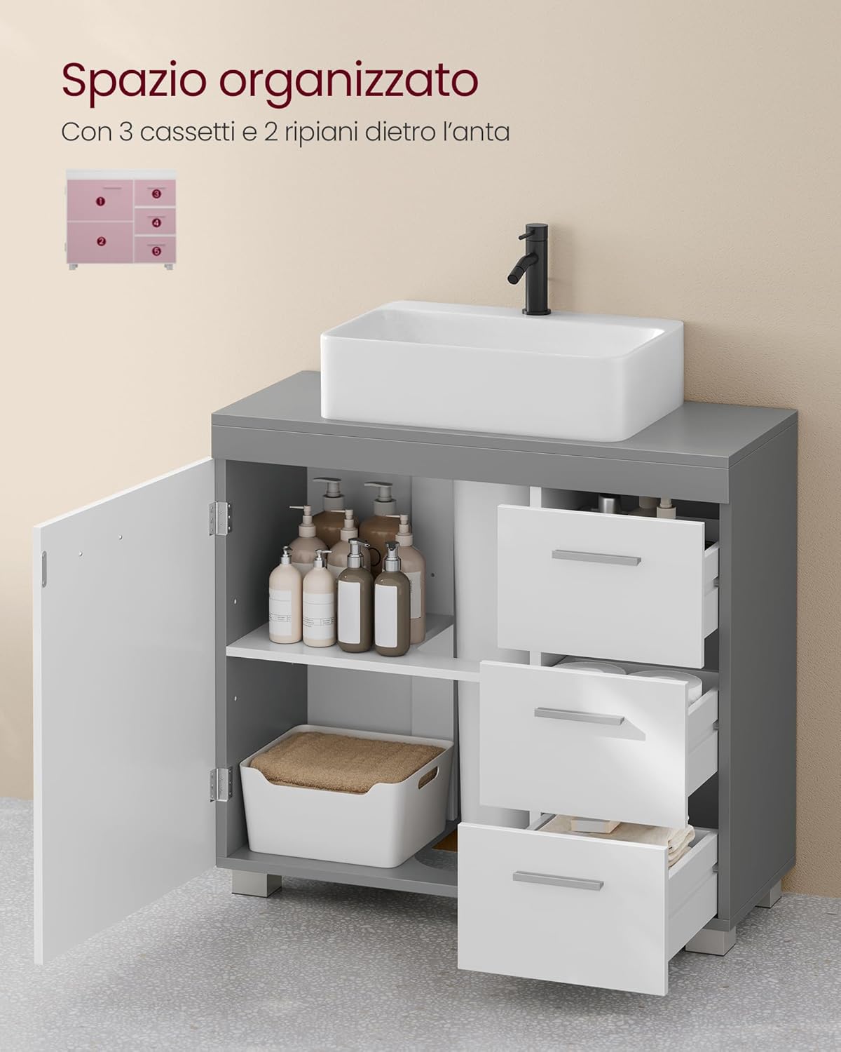 Thumbnail 4 de VASAGLE Mobile sottolavabo per bagno BBK504W02 – Bianco Nuvola e Grigio Tortora, 3 cassetti laterali e 2 scomparti