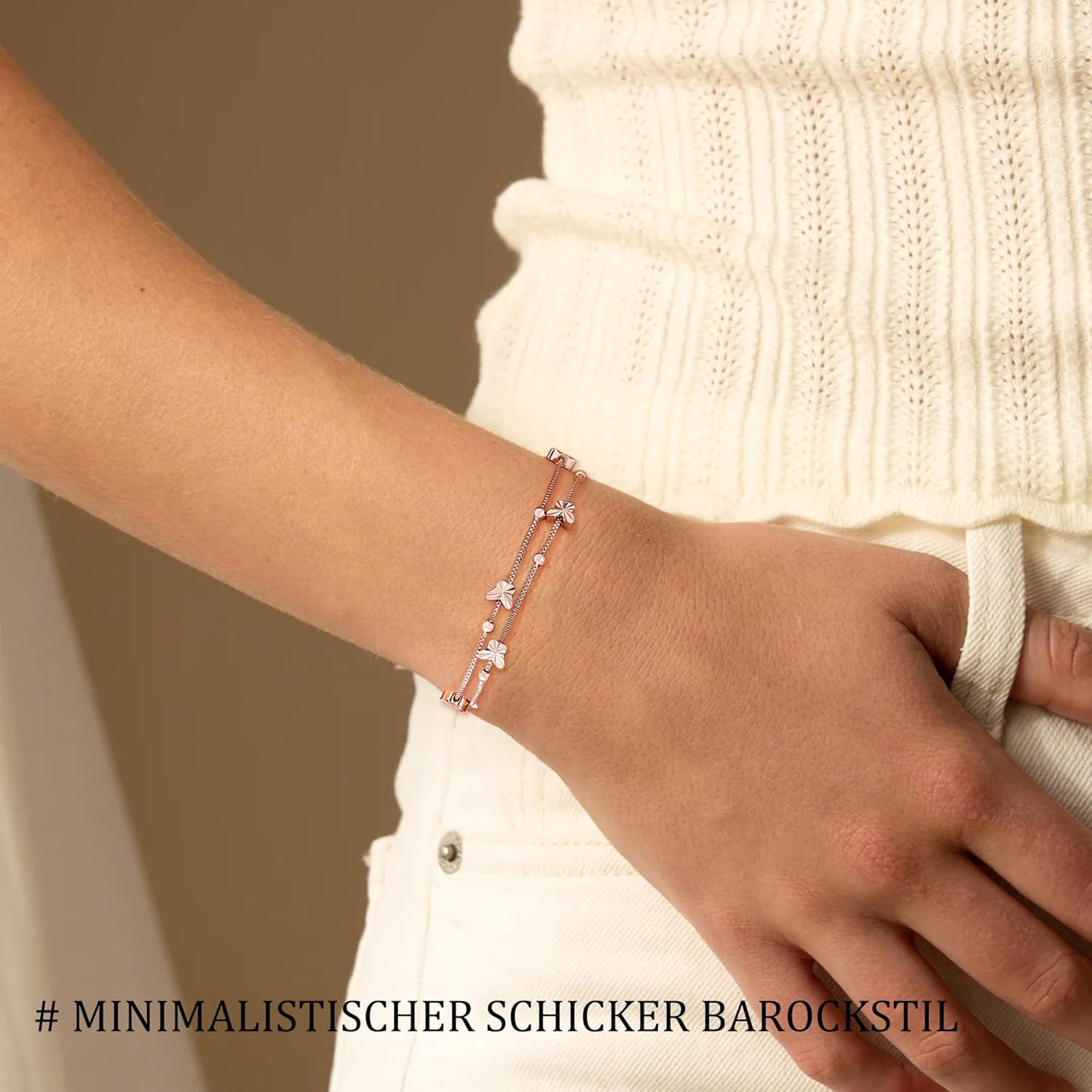 Thumbnail 2 de XOEMEL Bracelet en argent 925 pour femme – Papillons et perles – Or rose, réglable, 43 cm