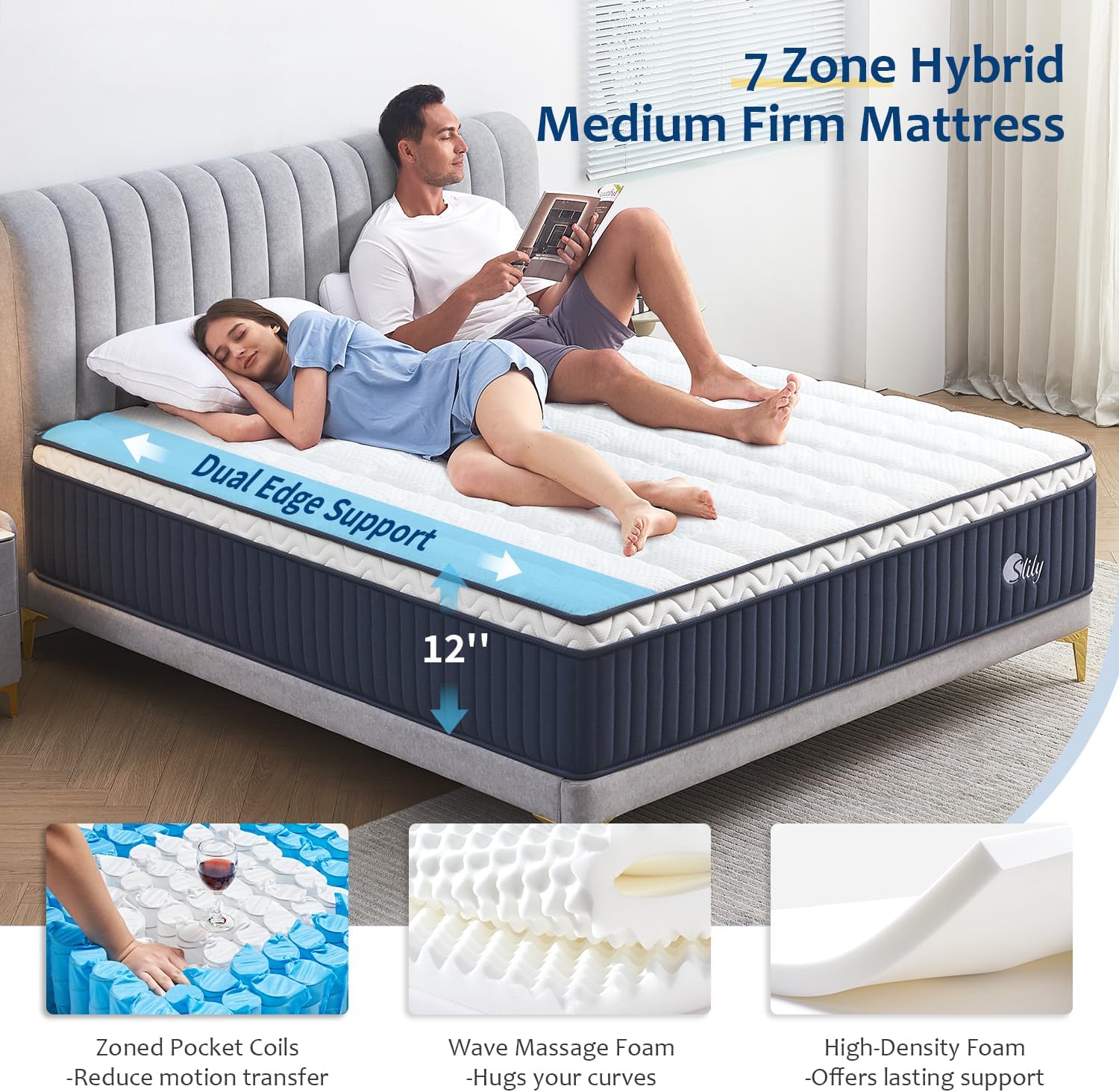 Thumbnail 3 de slily 12 Inch Small Double Hybrid Mattress with 7-Zone Pocket Sprung, Memory Foam and Cooling Fabric