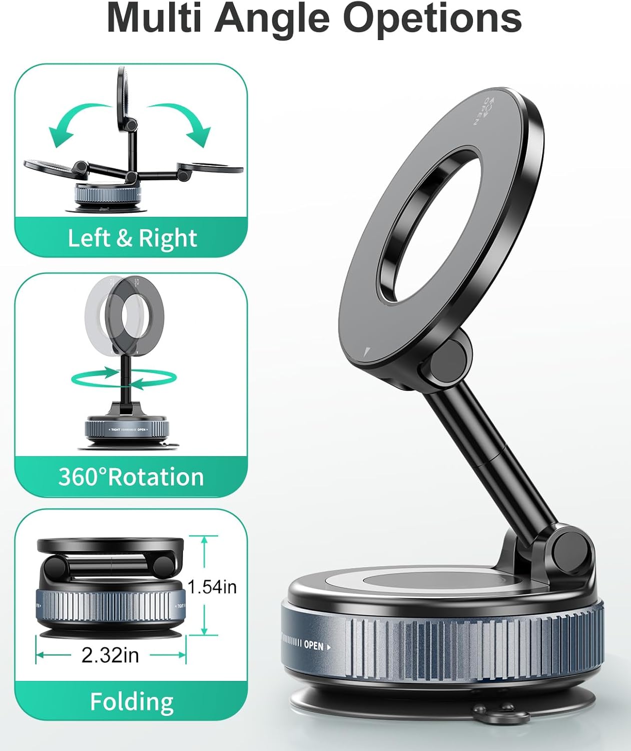 Thumbnail 6 de 2026 Magnetic Suction Phone Mount for MagSafe – 360° Adjustable Vacuum Suction Car Holder (Black)