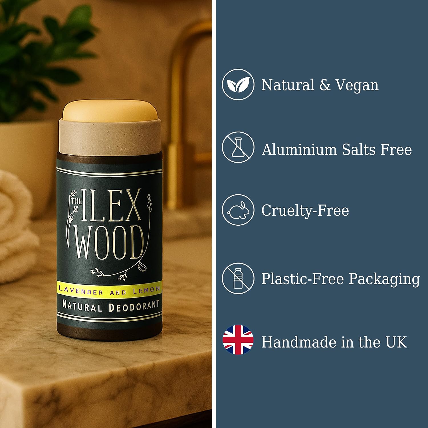 The Ilex Wood Natural Deodorant Stick 70ml — Lavender & Lemon (Handmade in the UK, Aluminium Free, Plastic Free, Vegan)