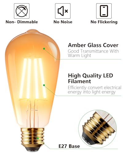 Detalle de Vanke E27 Vintage Light Bulb, 6W (60W Equivalent) — Warm White 2700K, 2-Pack