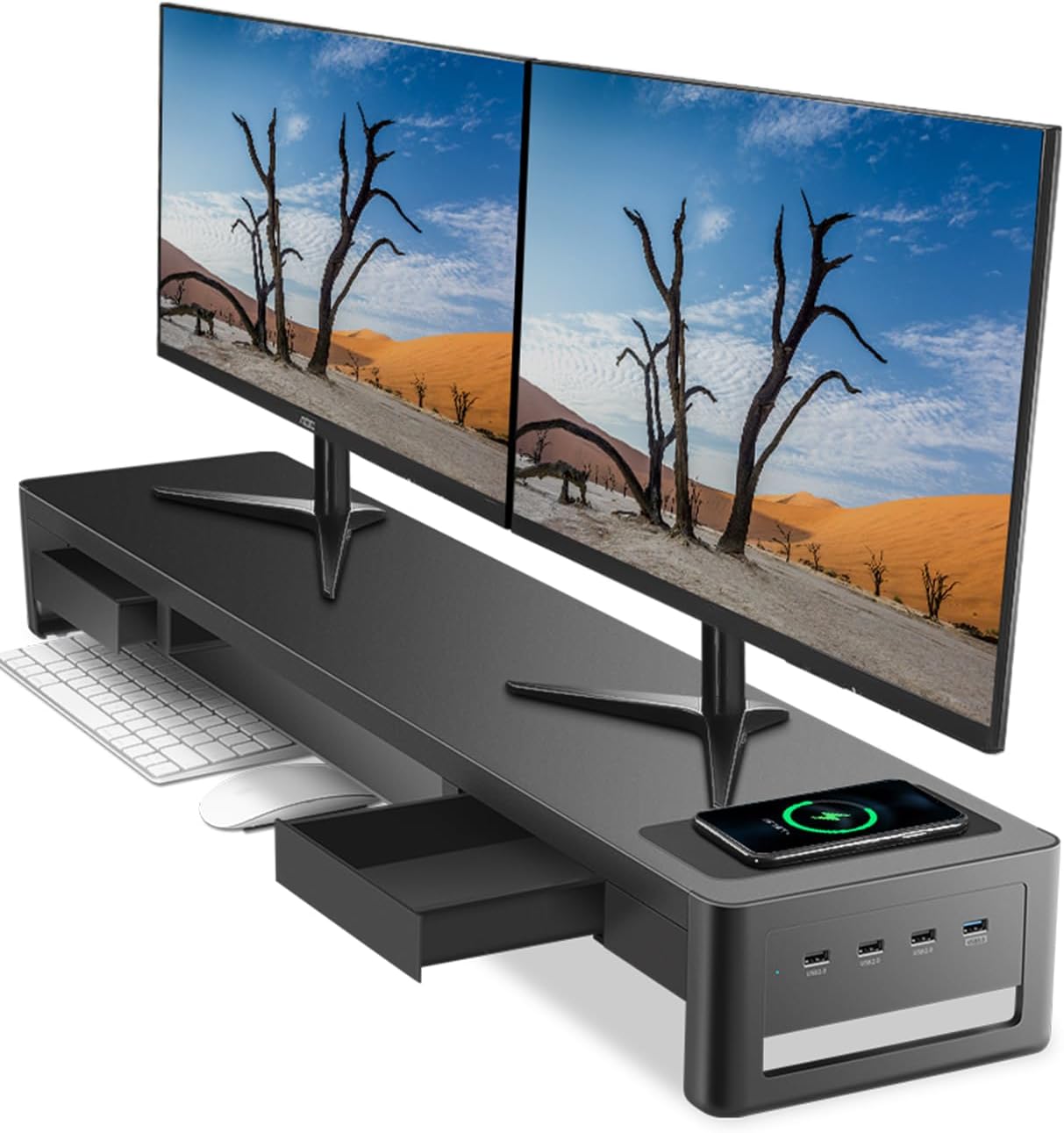 Detalle de meatanty Dual Monitor Stand Riser, 38.7-Inch Metal Desk Organizer with Drawers and USB Ports