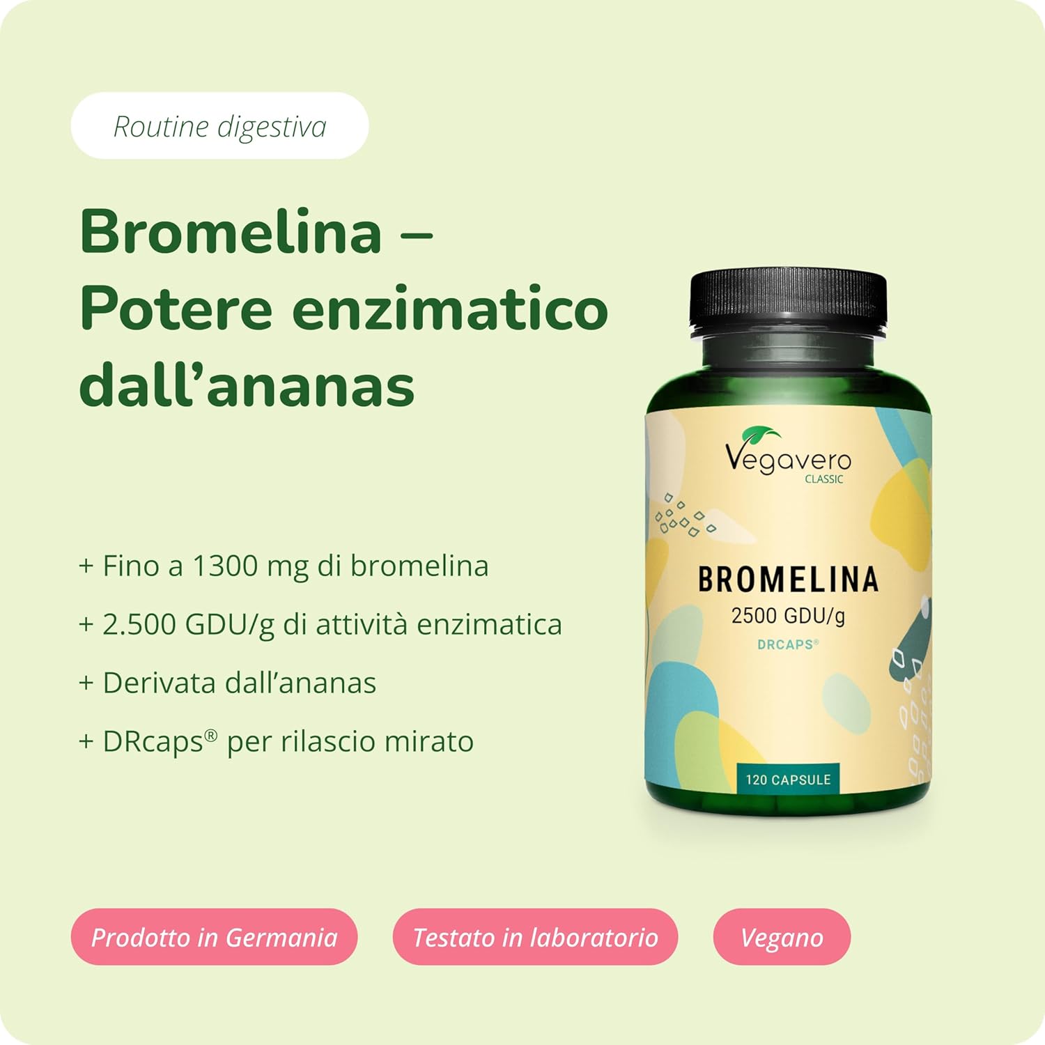 Thumbnail 1 de Vegavero BROMELINA Forte Drenante con capsule gastroresistenti DrCaps da 1.300 mg (5.000 F.I.P./g) – vegan