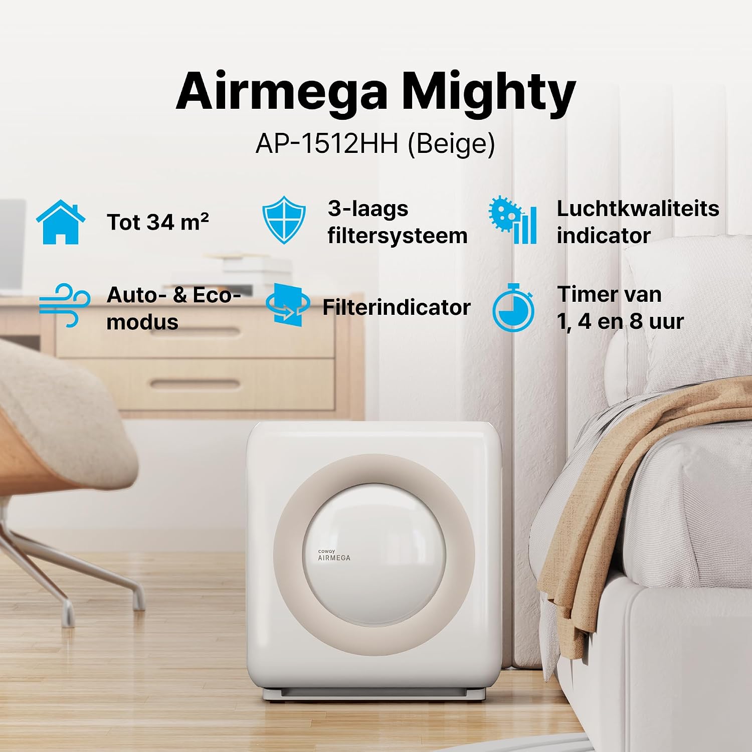 Detalle de Coway Airmega Mighty ap-1512hh luchtreiniger met HEPA-filter en ionisator
