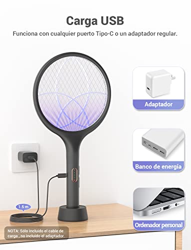 Detalle 2 de YISSVIC Raqueta Matamoscas Eléctrica 2 en 1 4000V USB Recargable 1500mAh – Negro