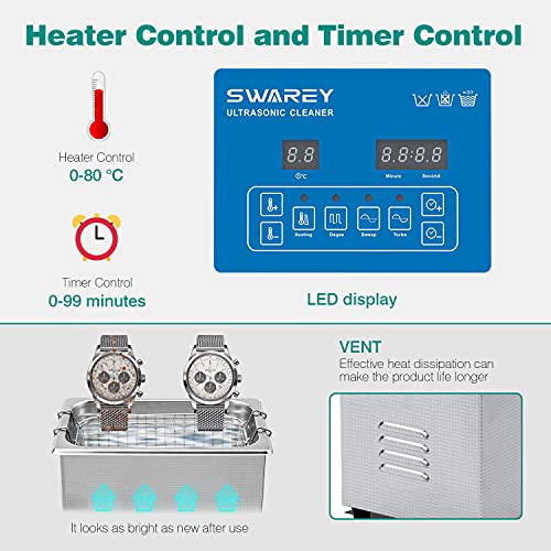 Detalle de SWAREY 2.5L Ultrasonic Cleaner with Degas, Timer and Heater — Professional Cleaning for Jewellery, Glasses, Watches and More