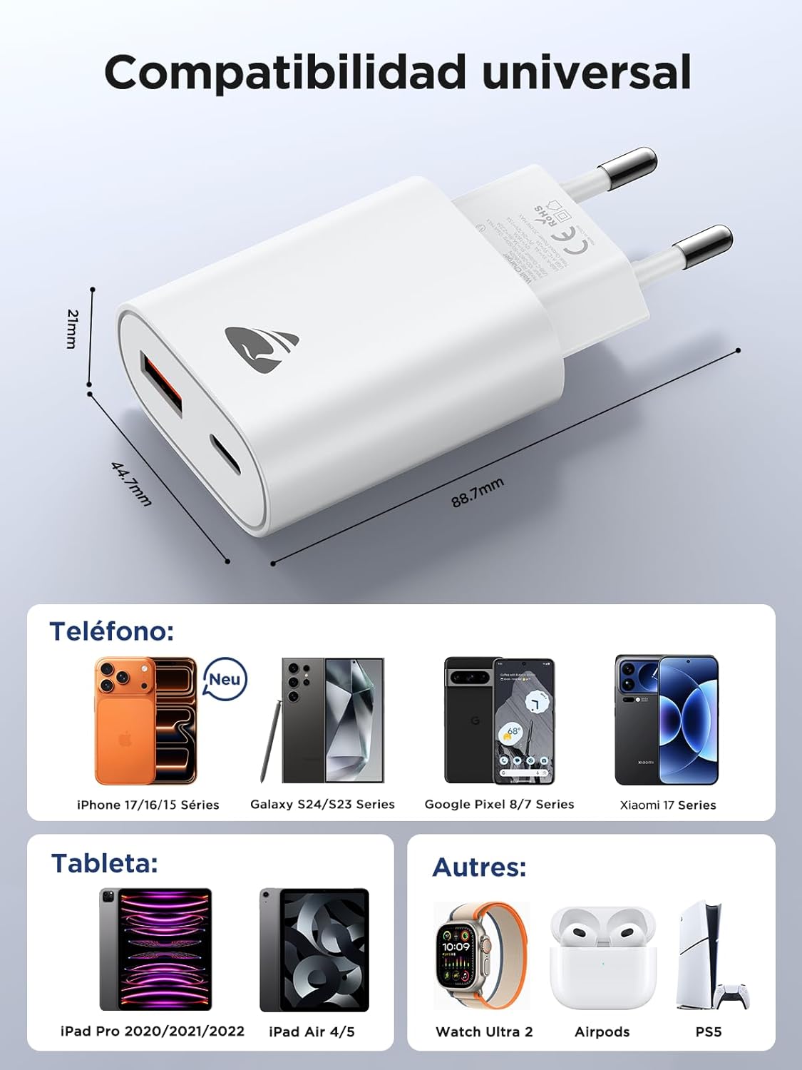 Thumbnail 5 de Aioneus Cargador USB 20W con USB‑C y USB‑A (PD + QC) para iPhone, iPad y móviles Samsung