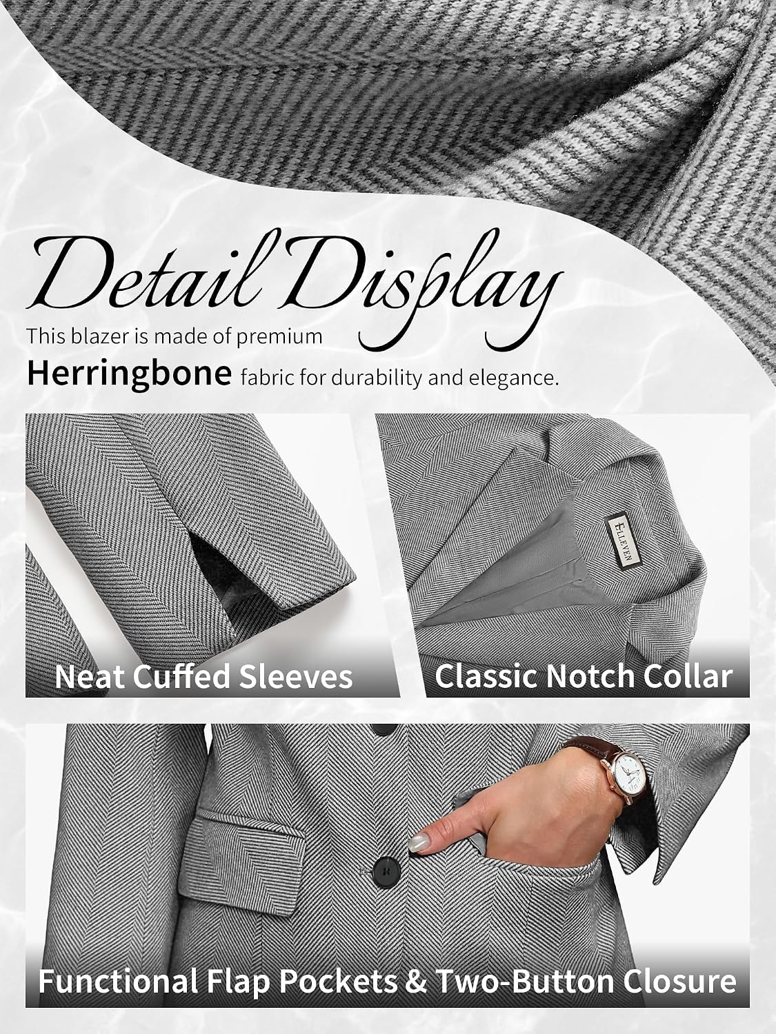 Thumbnail 5 de ELLEVEN Women’s Herringbone Tweed Blazer (Slim Fit) – Business Casual Work Jacket
