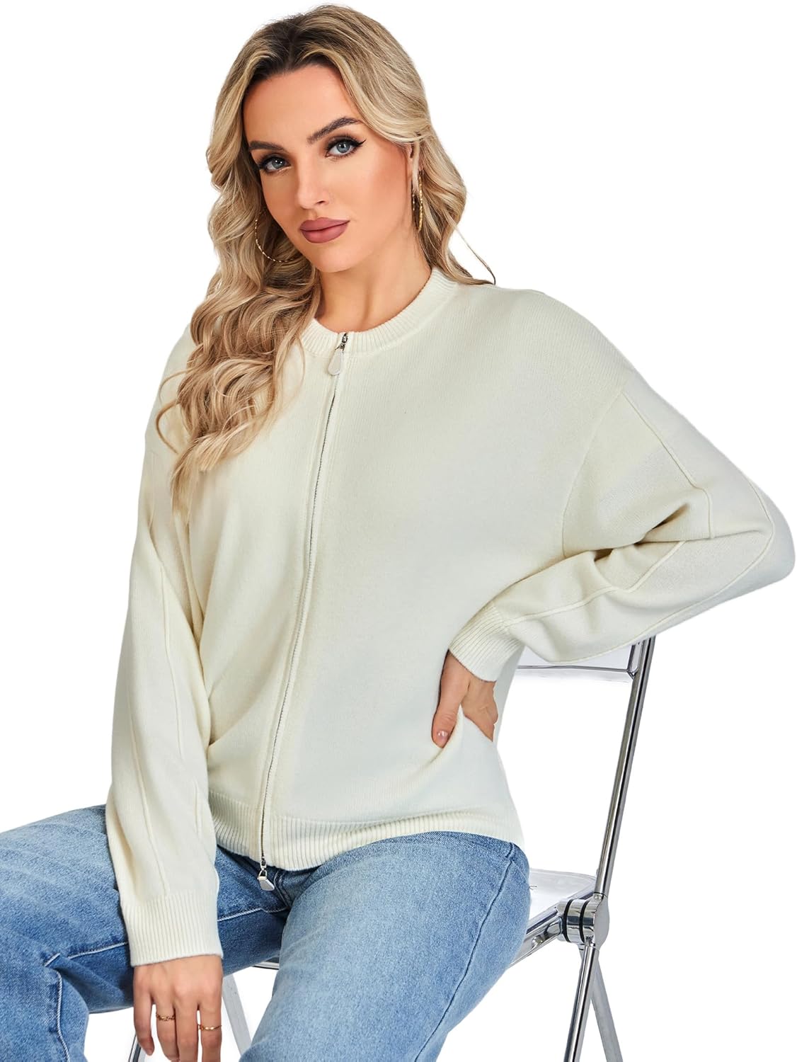 Thumbnail 4 de VETLURY Damen-Strickjacke aus 100% Merinowolle mit Doppelreißverschluss – Rundhals-Cardigan für die Übergangszeit