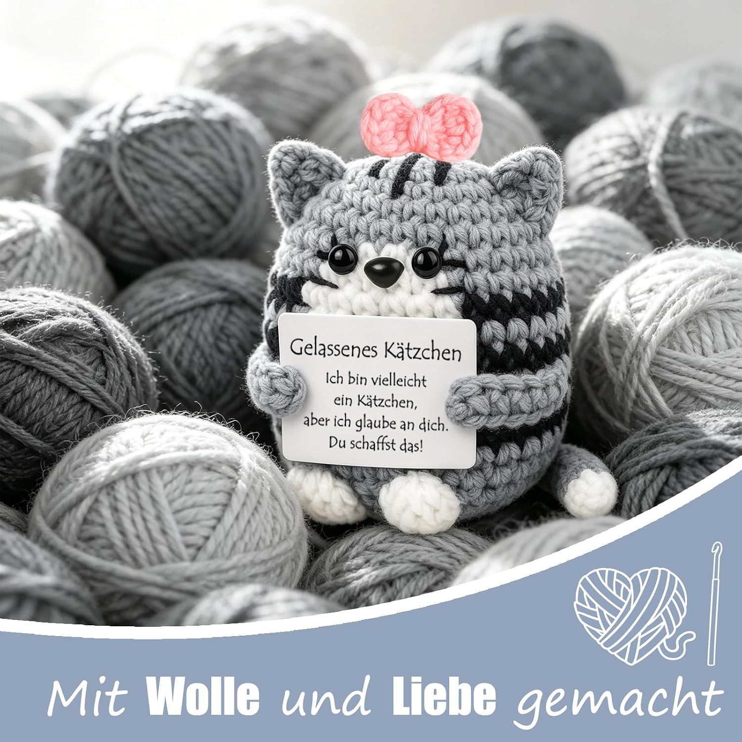 Detalle de Tixlux Pocket Hug Positive Katze – handgefertigte Strick-Katzen Dekofigur mit Glücksbringer für Mitbringsel