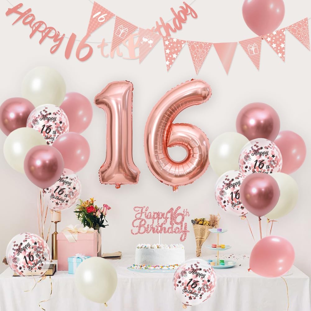 Thumbnail 4 de 16th Birthday Decorations Retro Pink Rose Gold set (Double Digits) – banner, pennant flags, cake topper & balloon assortment