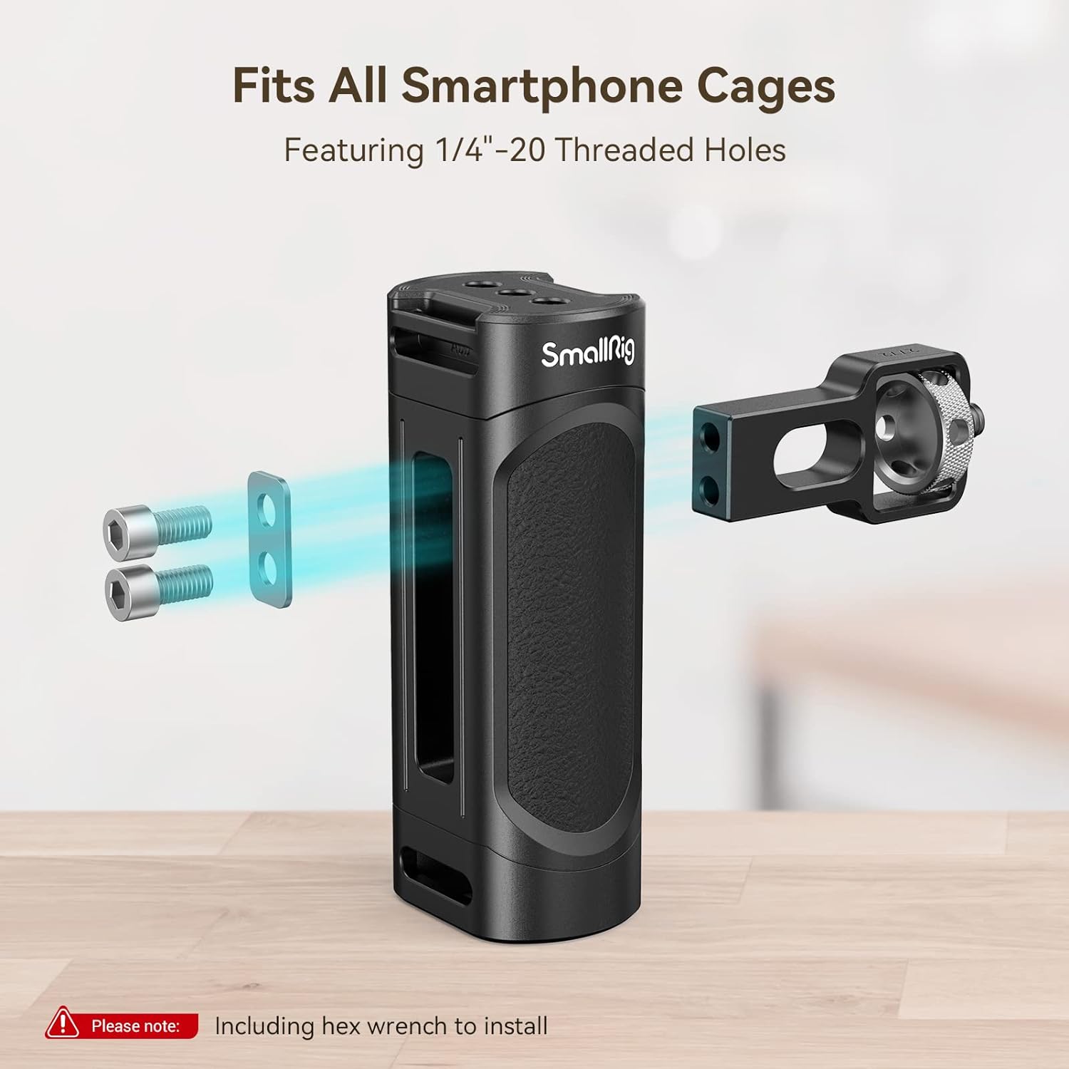 Detalle de SMALLRIG 4121 telefoonstabilisatorset met aluminium cage en dubbele handgrepen