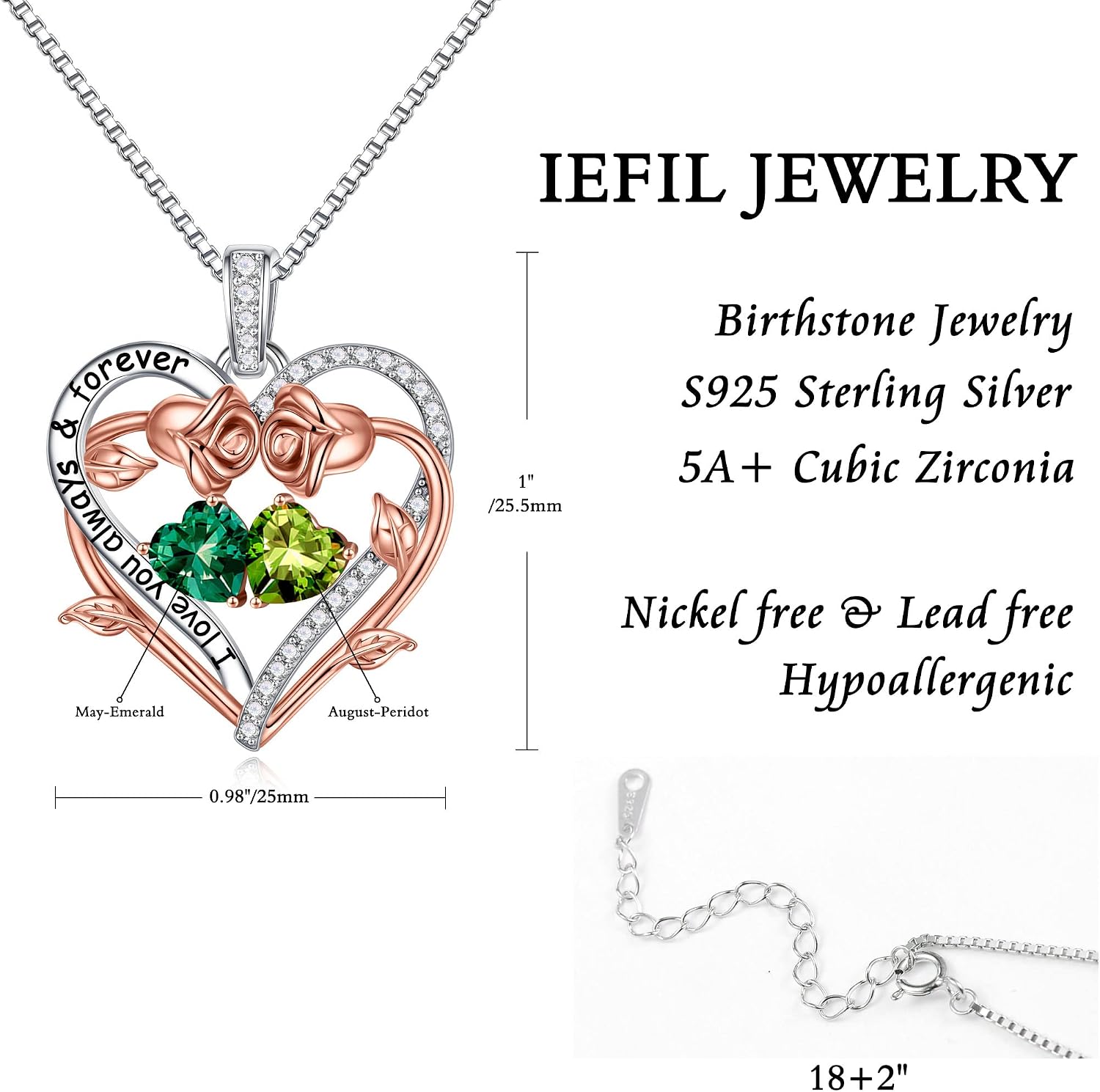 Thumbnail 4 de Iefil Rose Heart Birthstone Necklace – Double Heart Pendant Gift for Wife, Mom, Grandma