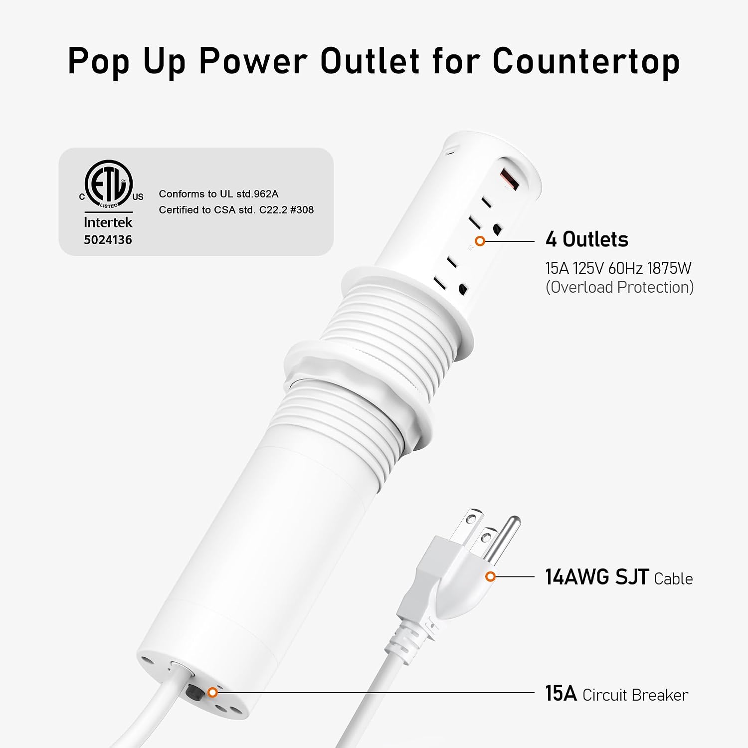 Detalle 2 de VILONG OEUP019B 2.5-Inch Pop-Up Countertop Outlet, 4 Outlets and 4 USB Ports