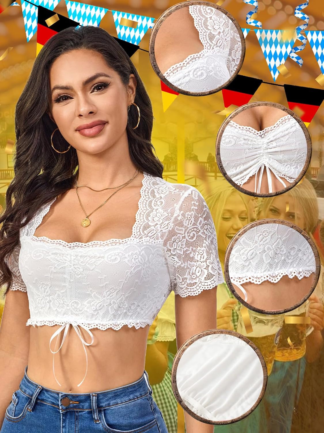 Thumbnail 2 de Aiseyi Dirndl Bluse Damen Weiß mit Spitze & Kordelzug (Kurzarm)