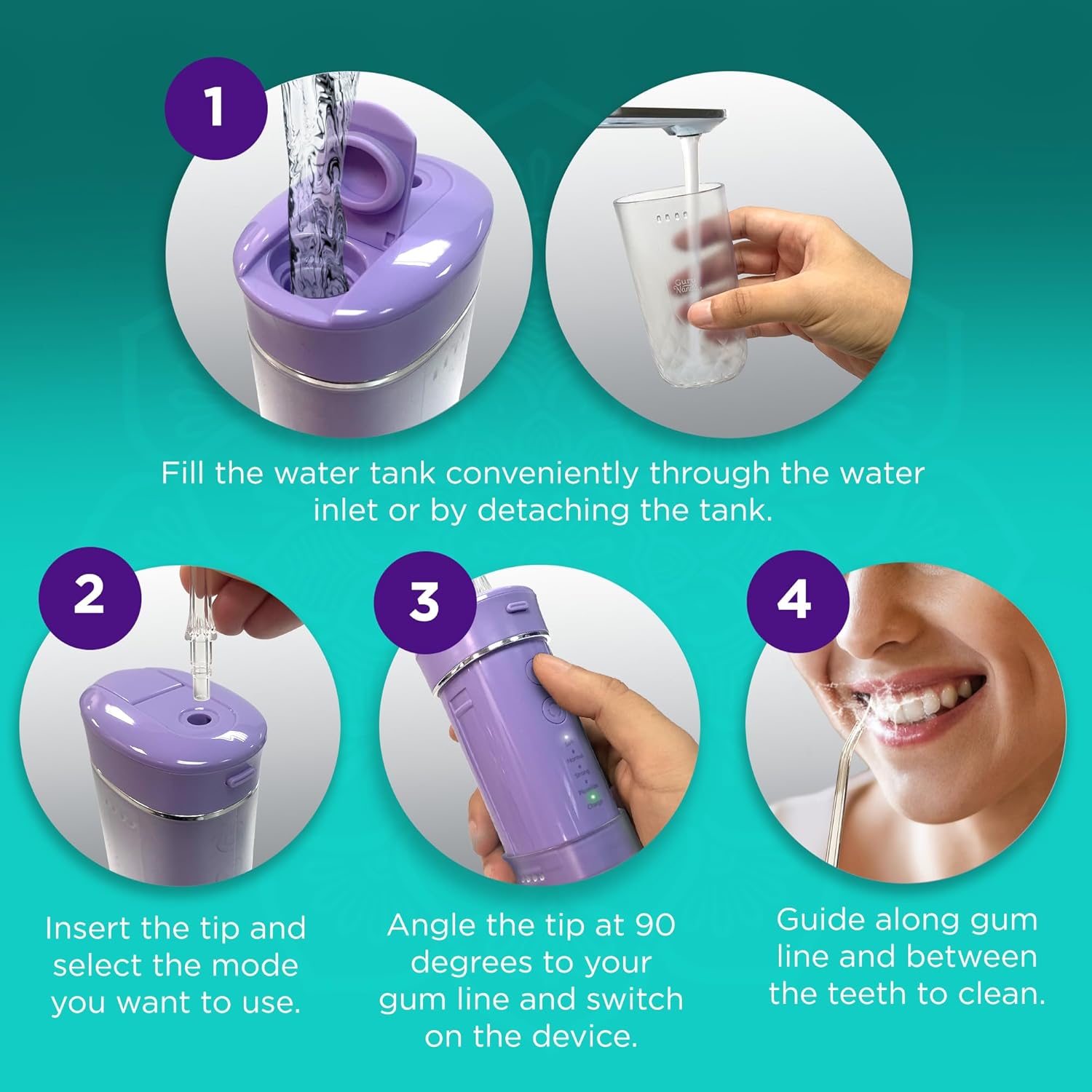 Detalle de GuruNanda Compact Water Dental Flosser: Portable Travel-Ready Oral Irrigator (Lavender)