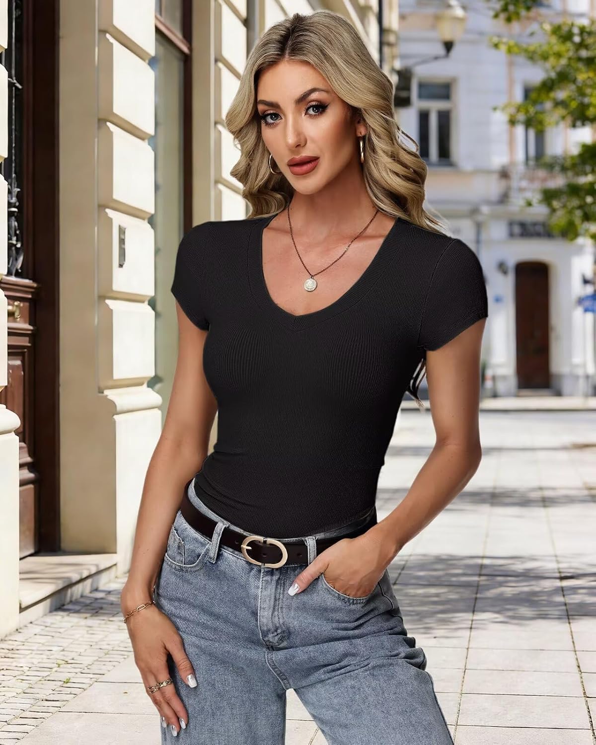 Detalle de RIROW Damen Sommer T-Shirt Basic V-Ausschnitt – Slim Fit, atmungsaktiver Rippstoff