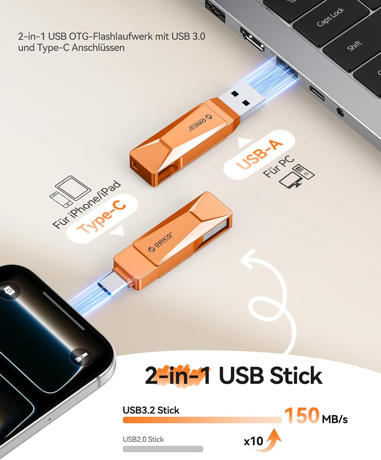 Thumbnail 1 de ORICO USB Stick 128GB CB05 – Dual USB-C/USB-A, USB 3.2 Gen1, 150 MB/s, Zinkgehäuse, 360° Drehverschluss, Orange