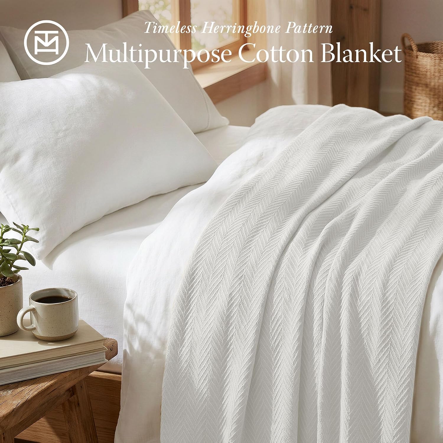 Detalle de Threadmill Home Linen Luxury 100% Cotton King Blanket (Herringbone) – Tusk White, All-Season Cozy