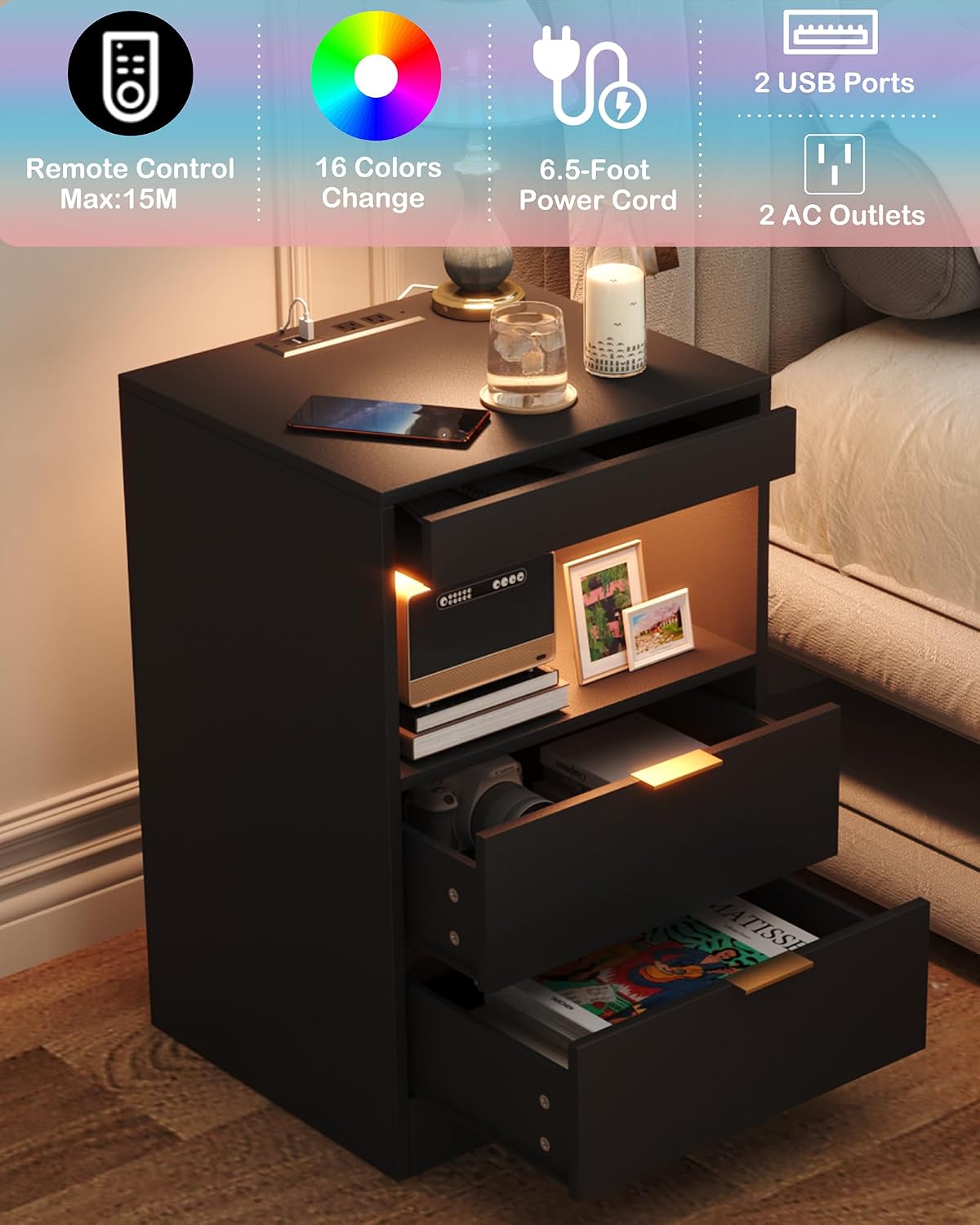 Detalle de Yusong LED Nightstand with Charging Station, 2 Drawers and RGB Lights