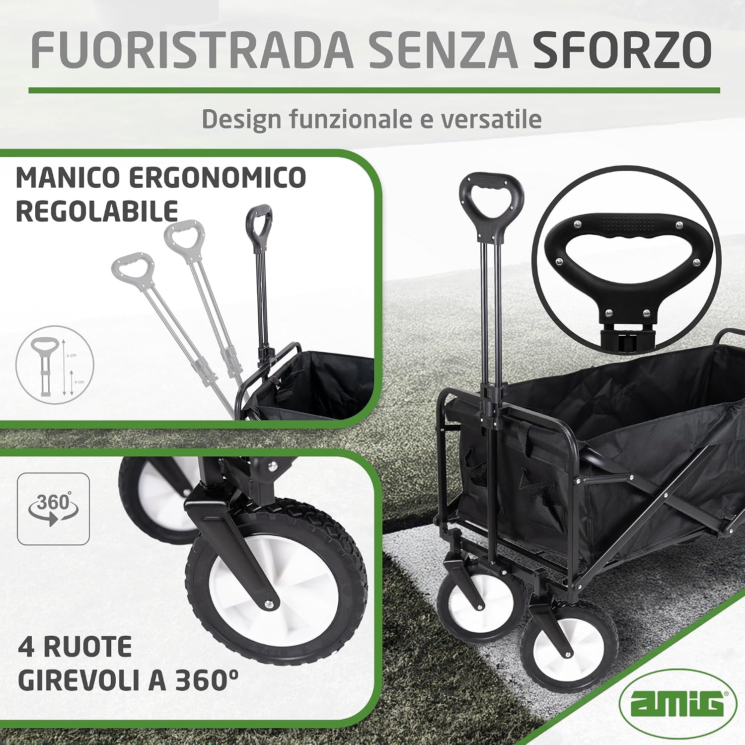 Detalle de Amig Carrello da Giardino Pieghevole in Tessuto Oxford Impermeabile con Ruote da 20 cm – Nero