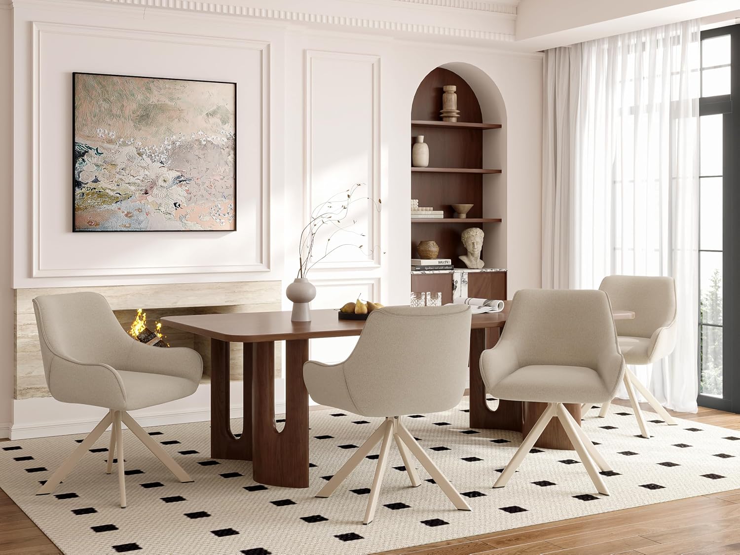 Thumbnail 1 de Goeurvant Esszimmerstühle Drehbar 6er-Set mit Armlehne – 360°-Drehstuhl aus Beige Leinen