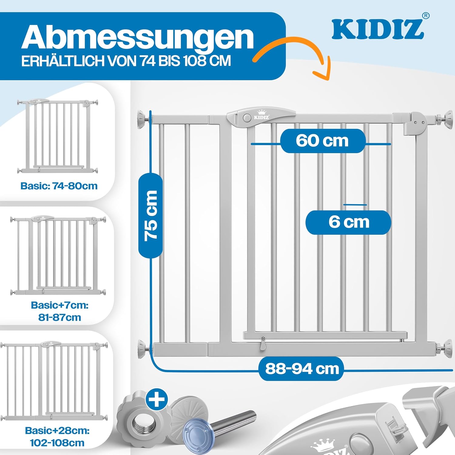 Detalle de KIDIZ Treppenschutzgitter ohne Bohren, verstellbare Breite 88–94 cm, 75 cm hoch (Grau)