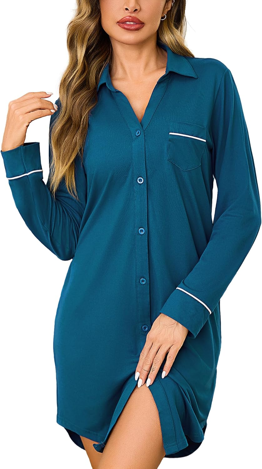 Thumbnail 6 de Bresdk Chemise de nuit femme en coton à manches longues avec boutons (allaitement et maternité)
