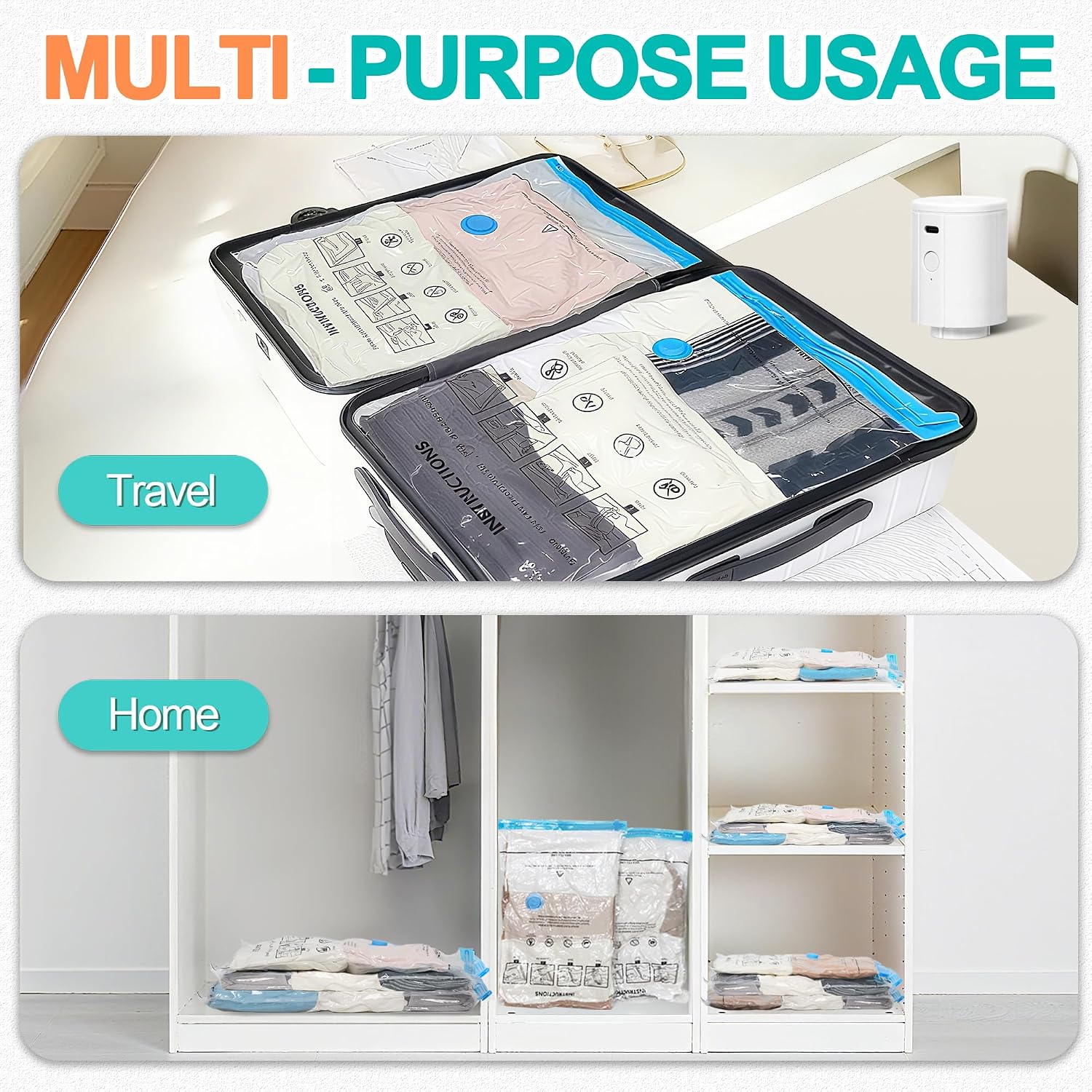 Detalle de ZOESTORAGE Vakuumbeutel für Kleidung – 12er-Set mit wiederaufladbarer Pumpe (4x40x60, 4x50x70, 4x60x80 cm)